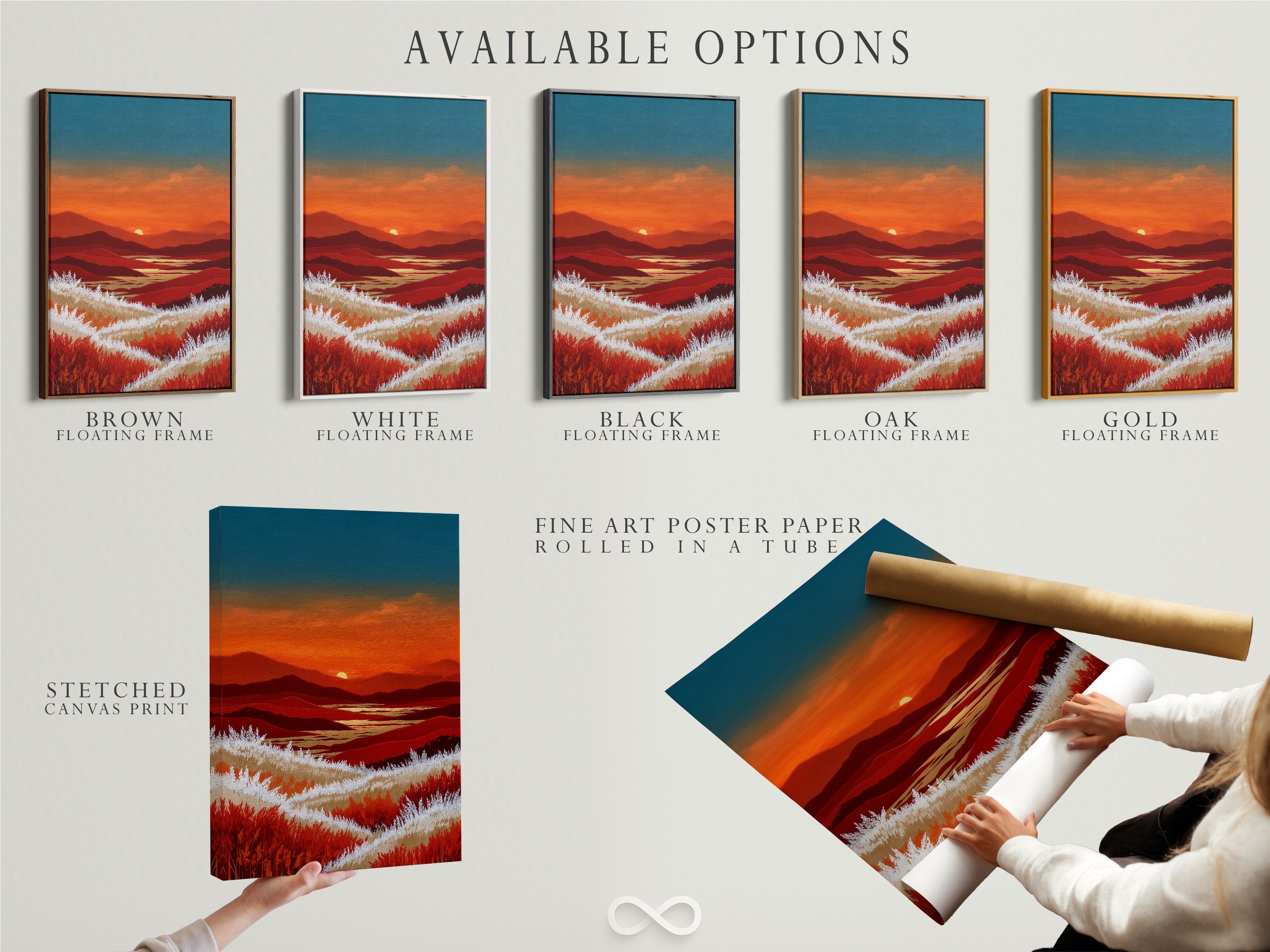 Available options include a stretched canvas print fine art poster paper and floating frame. Each option offers a unique way to display the mountain sunset artwork. Choose the format that best suits your style and decor. The warm orange and teal landscape will enhance any room. It brings a touch of rustic elegance.