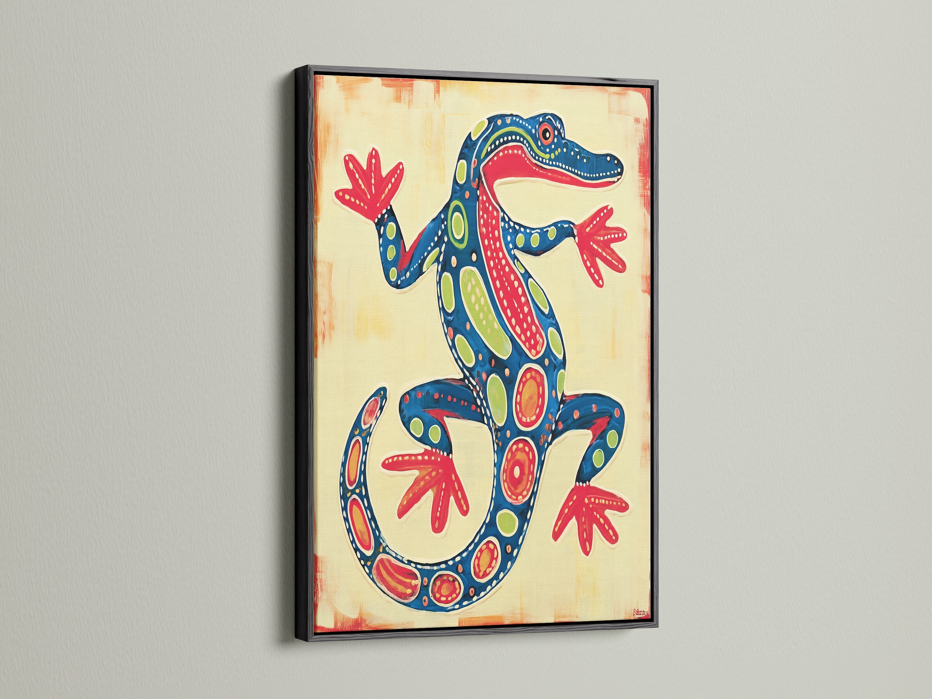 The black frame makes the lizard artwork stand out. The dark frame highlights the colorful details. This boho wall art is perfect for eclectic decor. This animal artwork is a unique gift idea. It will add charm to any kids room decor.