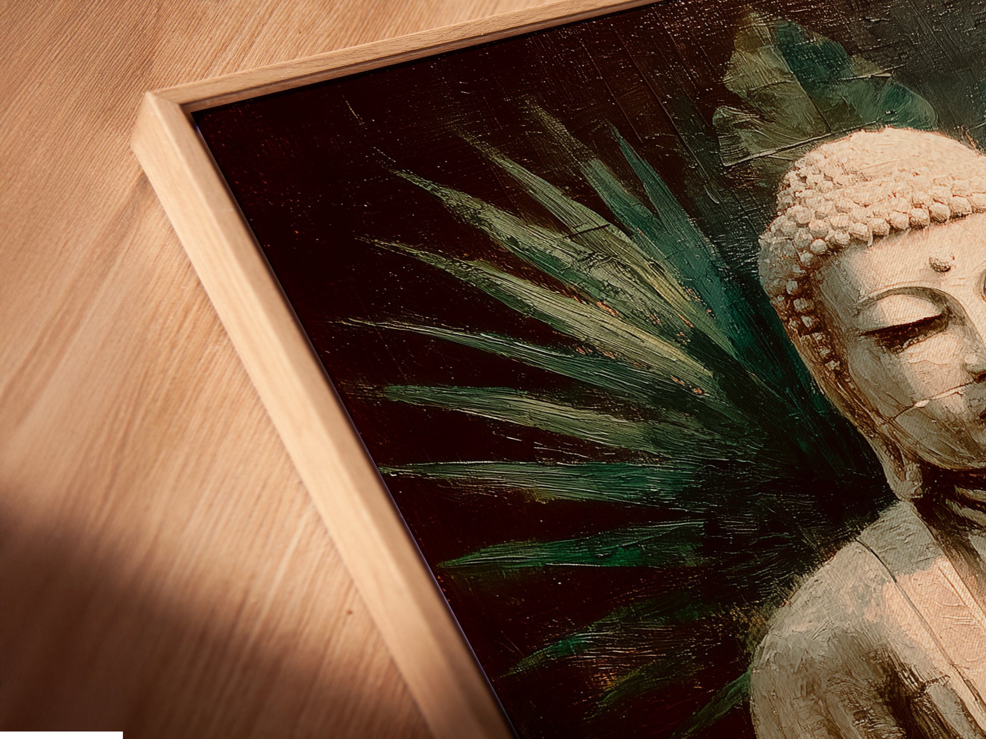 A close-up of a canvas print featuring vintage Buddha artwork in a floating frame. The spiritual zen decor is elevated by this modern framing style. Ideal for meditation spaces and yoga studios. Enhance your peace wall art with this calming piece.