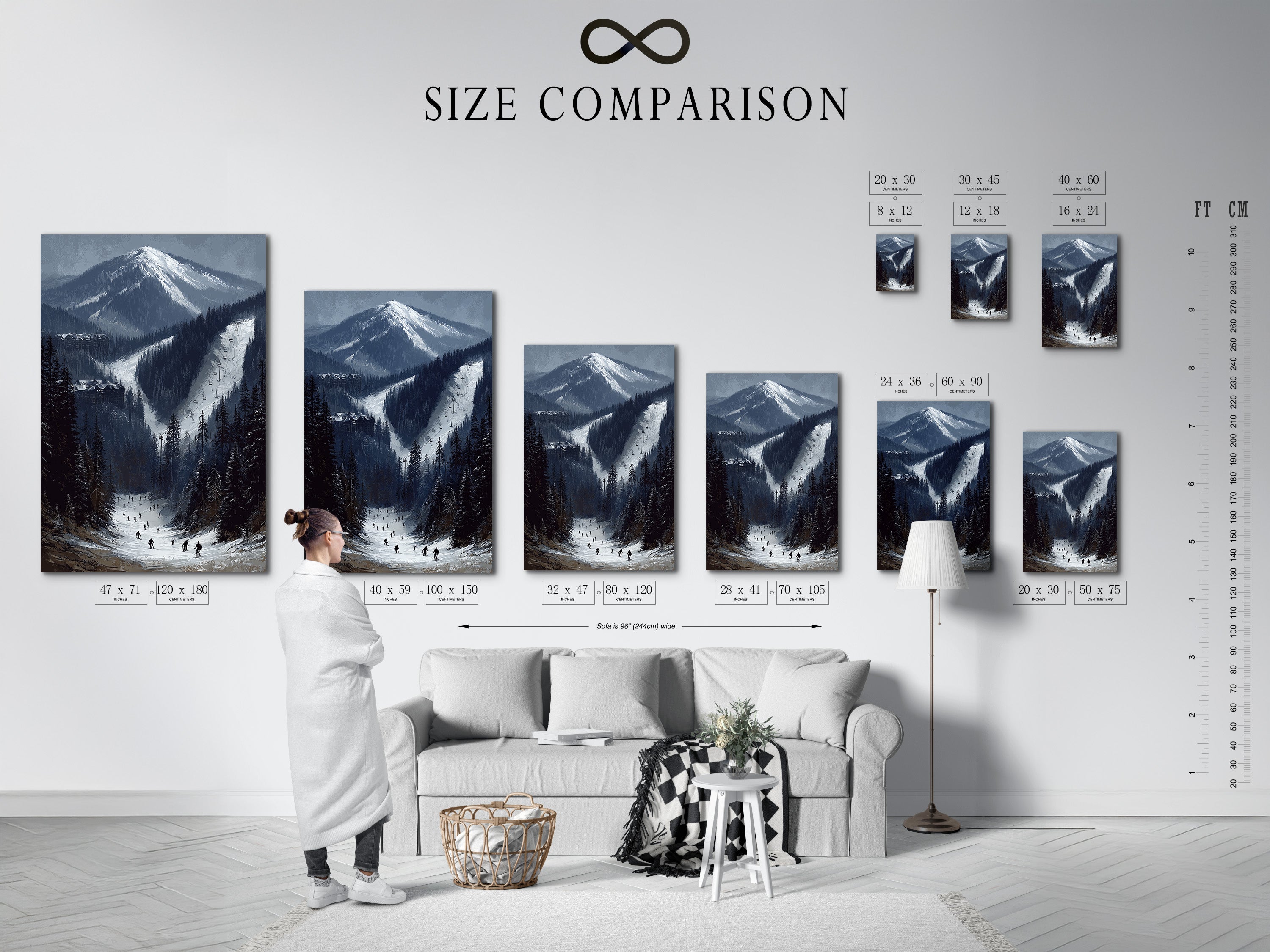 Size comparison chart in an interior setting. Displaying various sizes of the ski resort mountain artwork. Visualize the perfect fit for your space. Choose from canvas prints fine art posters and floating frames.