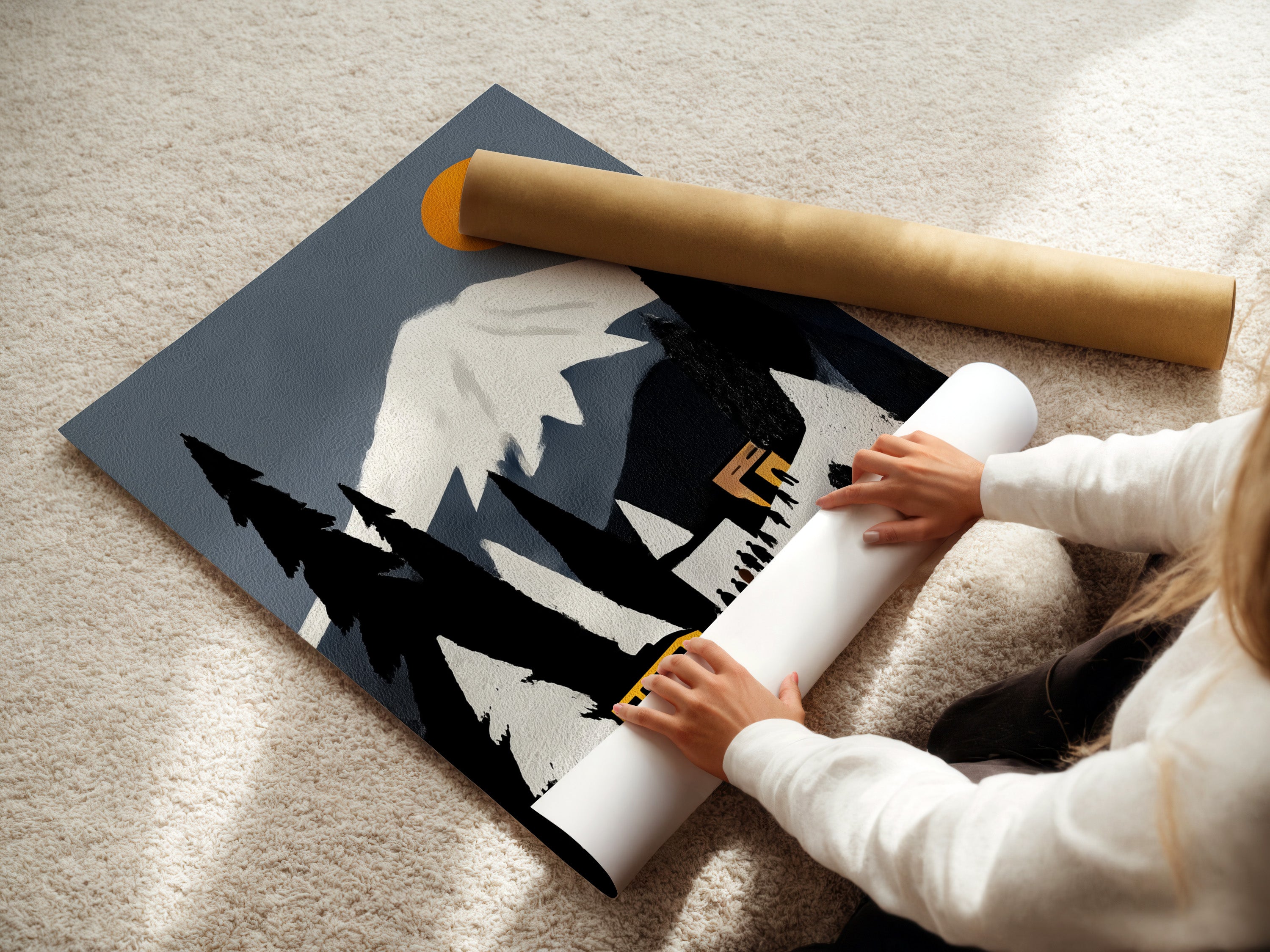A woman is carefully rolling a fine art poster paper print. The Mountain Train artwork is a vintage travel print. Alpine railway art is ideal for your home or office. Perfect for art collectors.