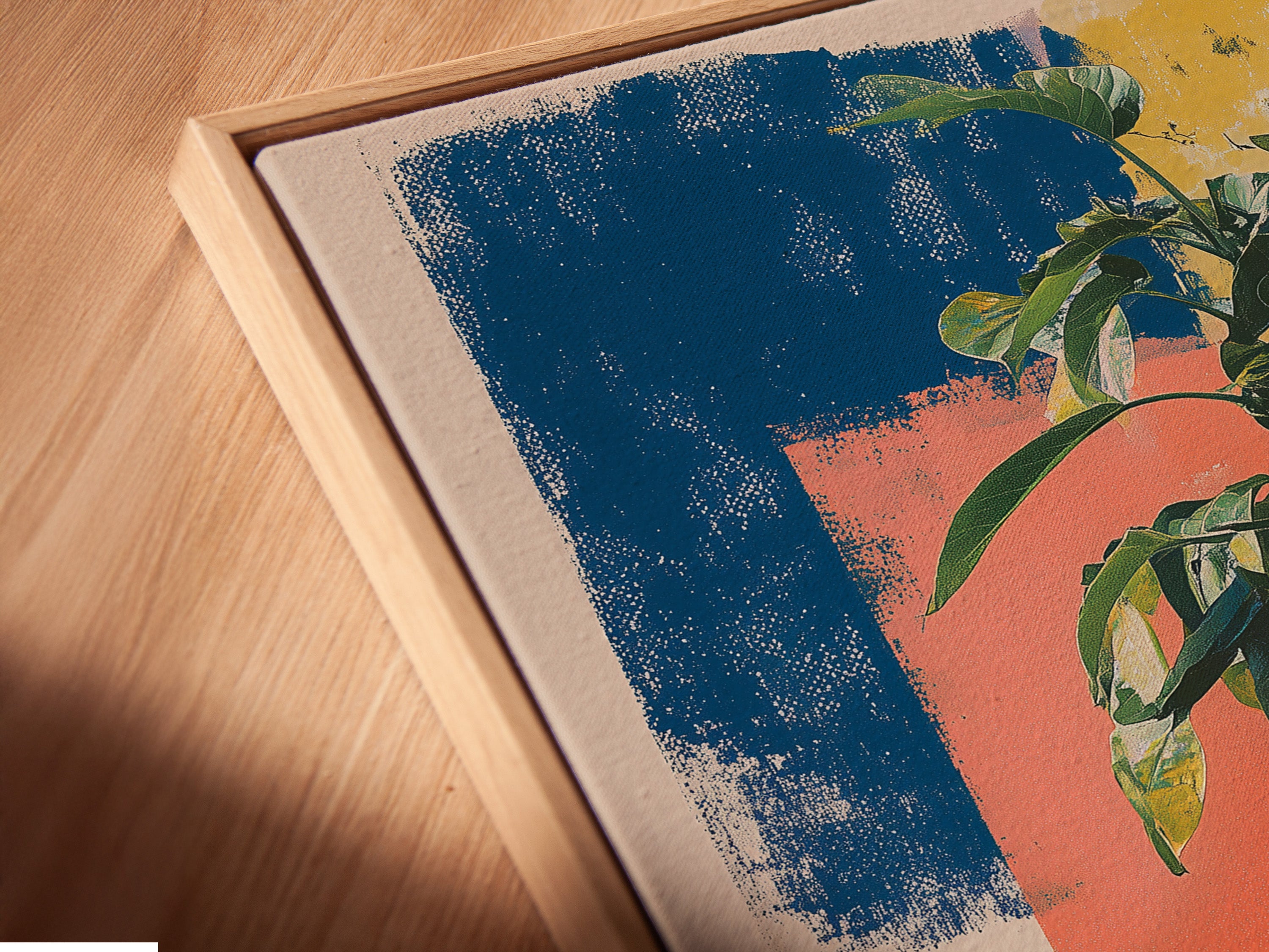 A close-up of a canvas print in a floating frame. The artwork appears to float within the frame. This creates a modern and sophisticated look. The floating frame enhances the artwork's presence. Explore our floating frame options for a unique display.