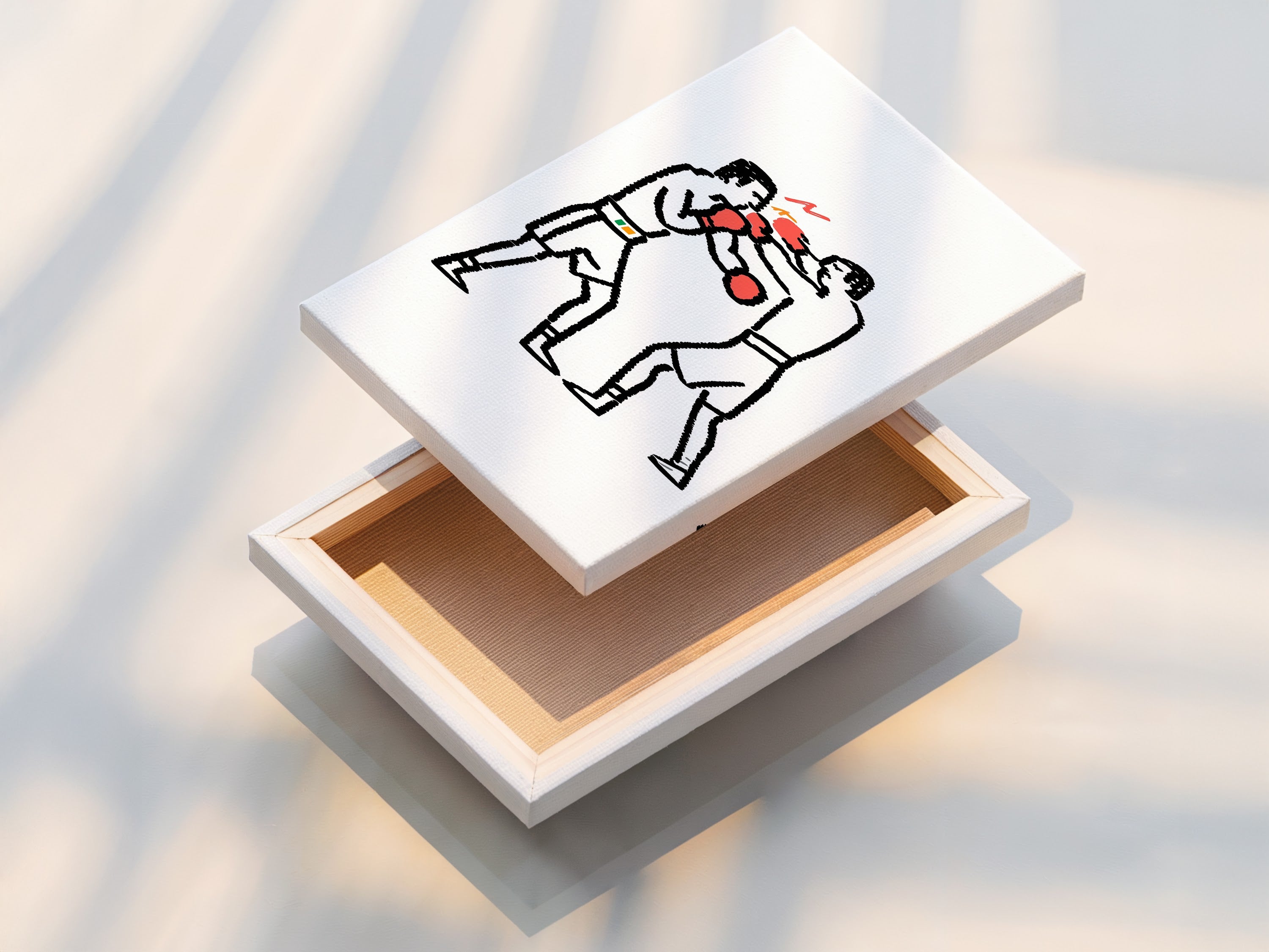 Stretched canvas print of a boxing match. Minimalist sport artwork featuring two boxers in red gloves. The stretched canvas provides a gallery-ready look. Ideal for adding a sporty touch to any room. Elevate your gym or living space.