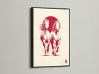 Artwork featuring two white horses running in front of a red sun. The art piece is displayed in a black frame. The black frame provides a bold contrast. It makes the colors in the artwork pop. The frame adds a touch of elegance.