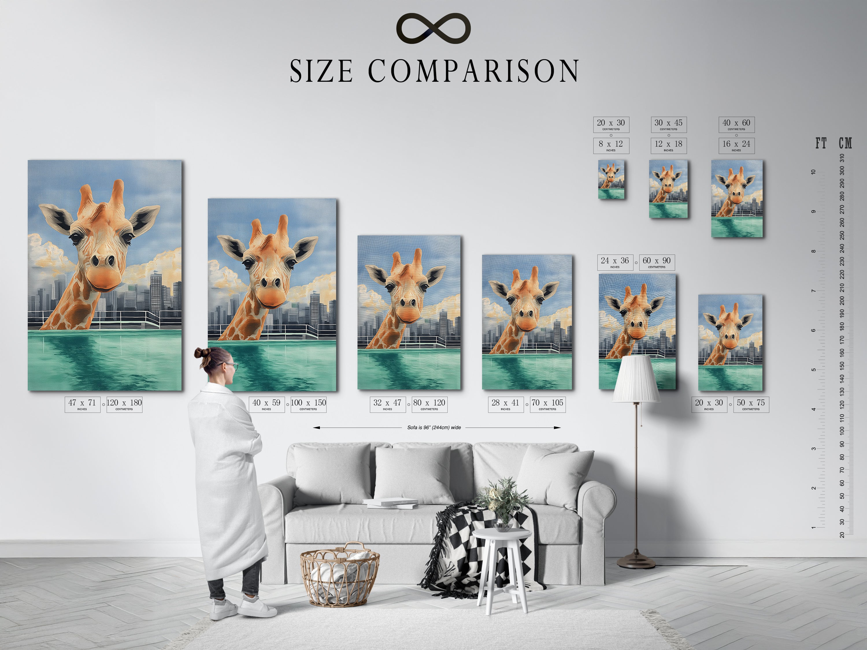 A size comparison chart displayed in an interior setting helps you visualize the perfect dimensions for your giraffe skyline artwork. Choose the ideal size to complement your living room or playroom.