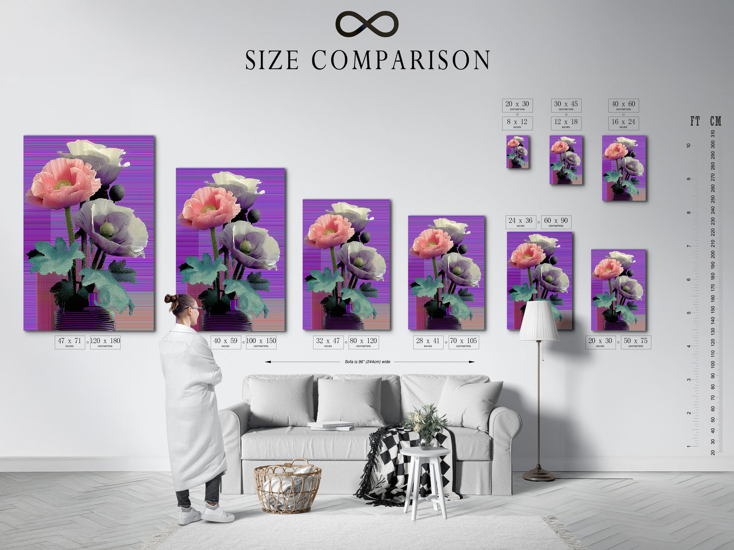A size comparison chart in an interior setting. Vaporwave poppy art prints are available in various sizes. The retro glitch botanical art complements any room. Find the perfect size for your space. Enhance your decor with this guide.