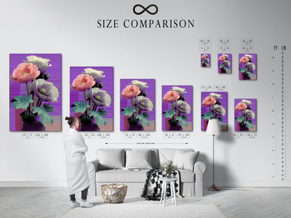 A size comparison chart in an interior setting. Vaporwave poppy art prints are available in various sizes. The retro glitch botanical art complements any room. Find the perfect size for your space. Enhance your decor with this guide.