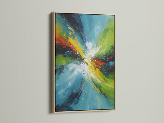 An oak frame beautifully showcases a contemporary abstract swirl artwork. The colorful motion painting features turquoise green and yellow hues. Perfect for adding a dynamic touch to modern minimalist or eclectic interiors. This piece enhances living rooms bedrooms and offices.