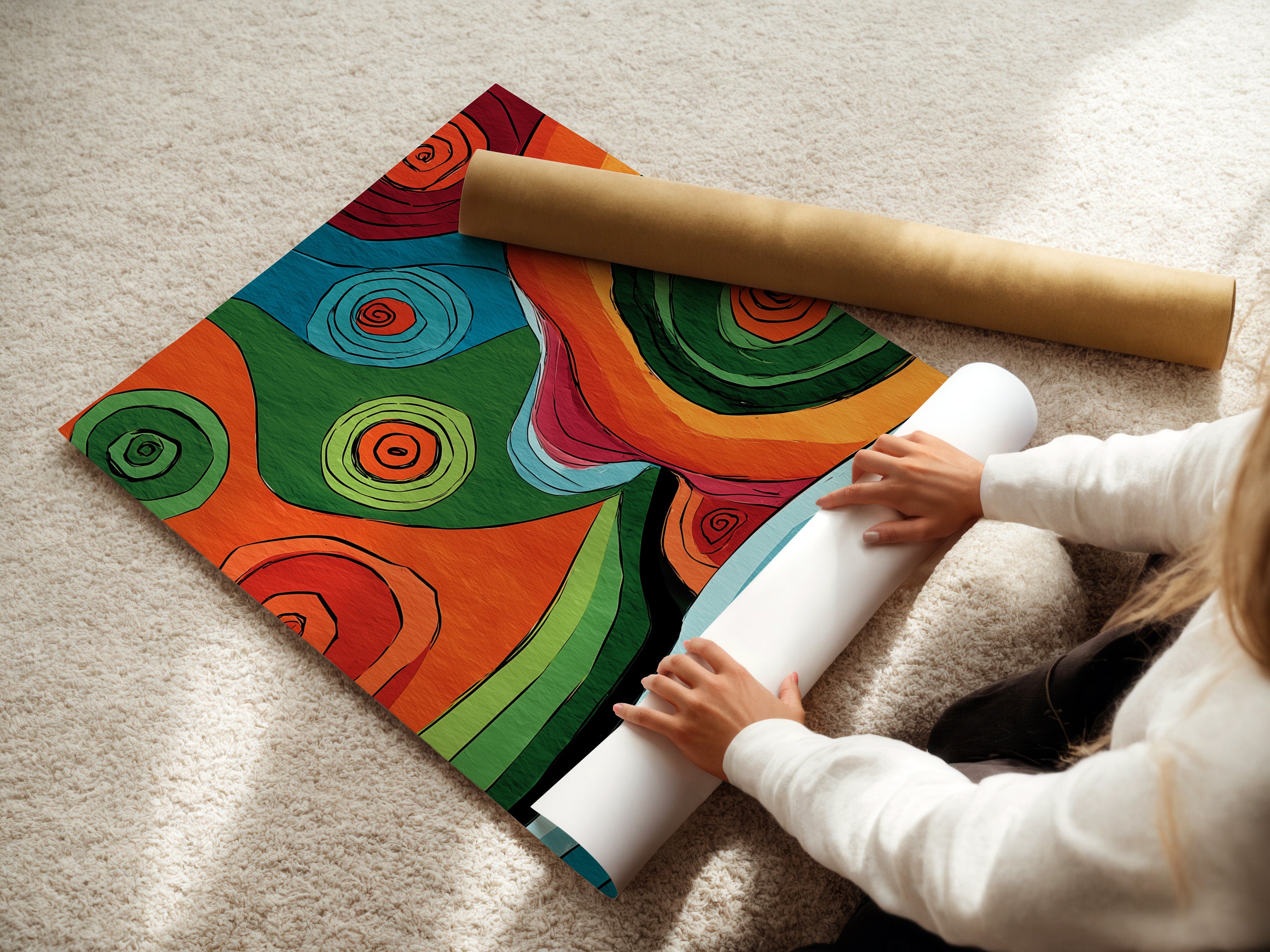 A woman is carefully rolling a fine art poster paper. She is preserving its quality and ensuring it's ready for framing or display. Fine art poster paper is ideal for high-quality prints. It captures the details and colors of the artwork. This ensures a professional presentation.