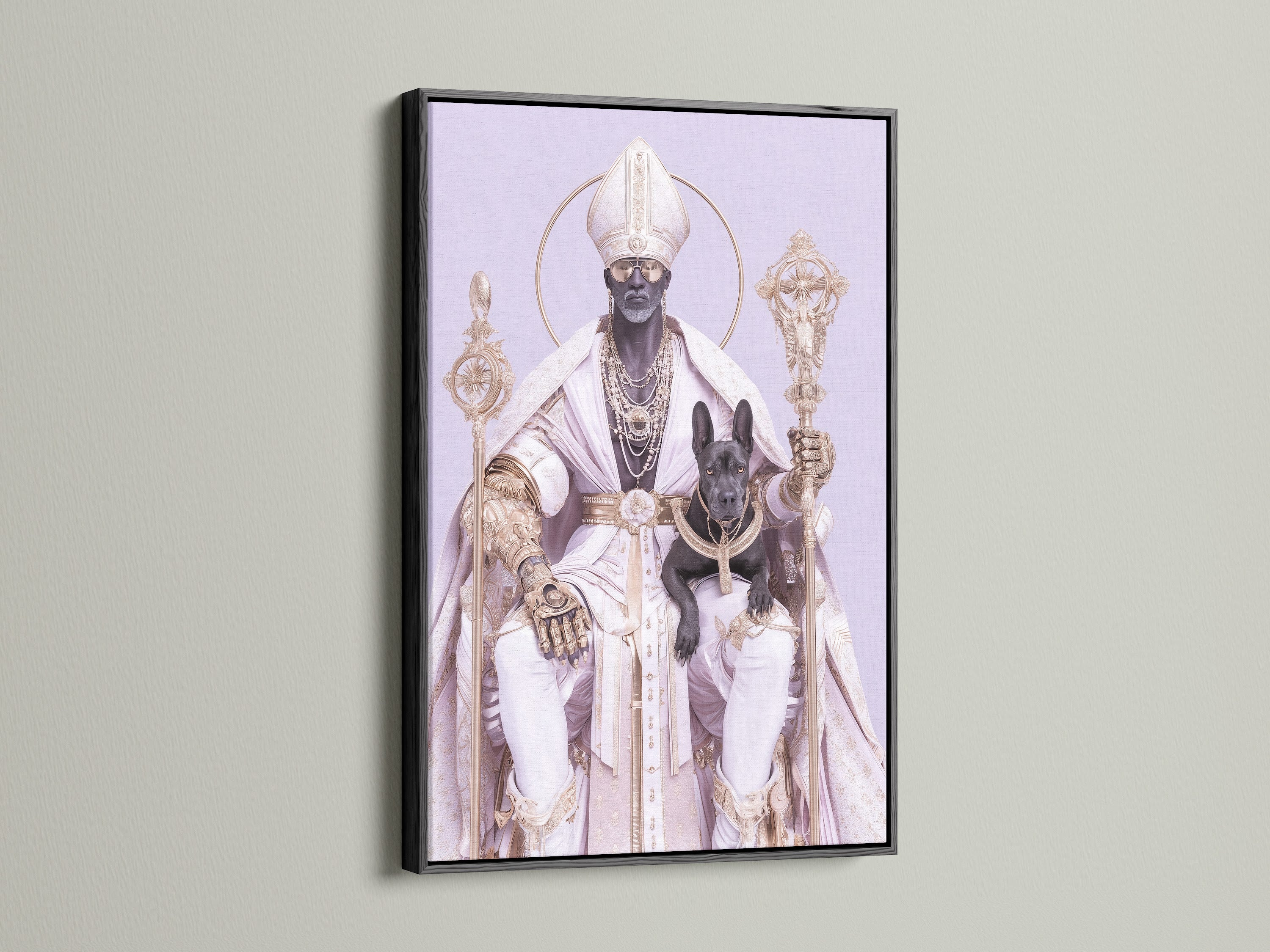 A striking black frame showcases religious artwork featuring Saint Nicholas. This contemporary piece combines gold and purple colors. It creates a modern orthodox icon print. The black frame adds contrast making it ideal for catholic wall art and spiritual home decor