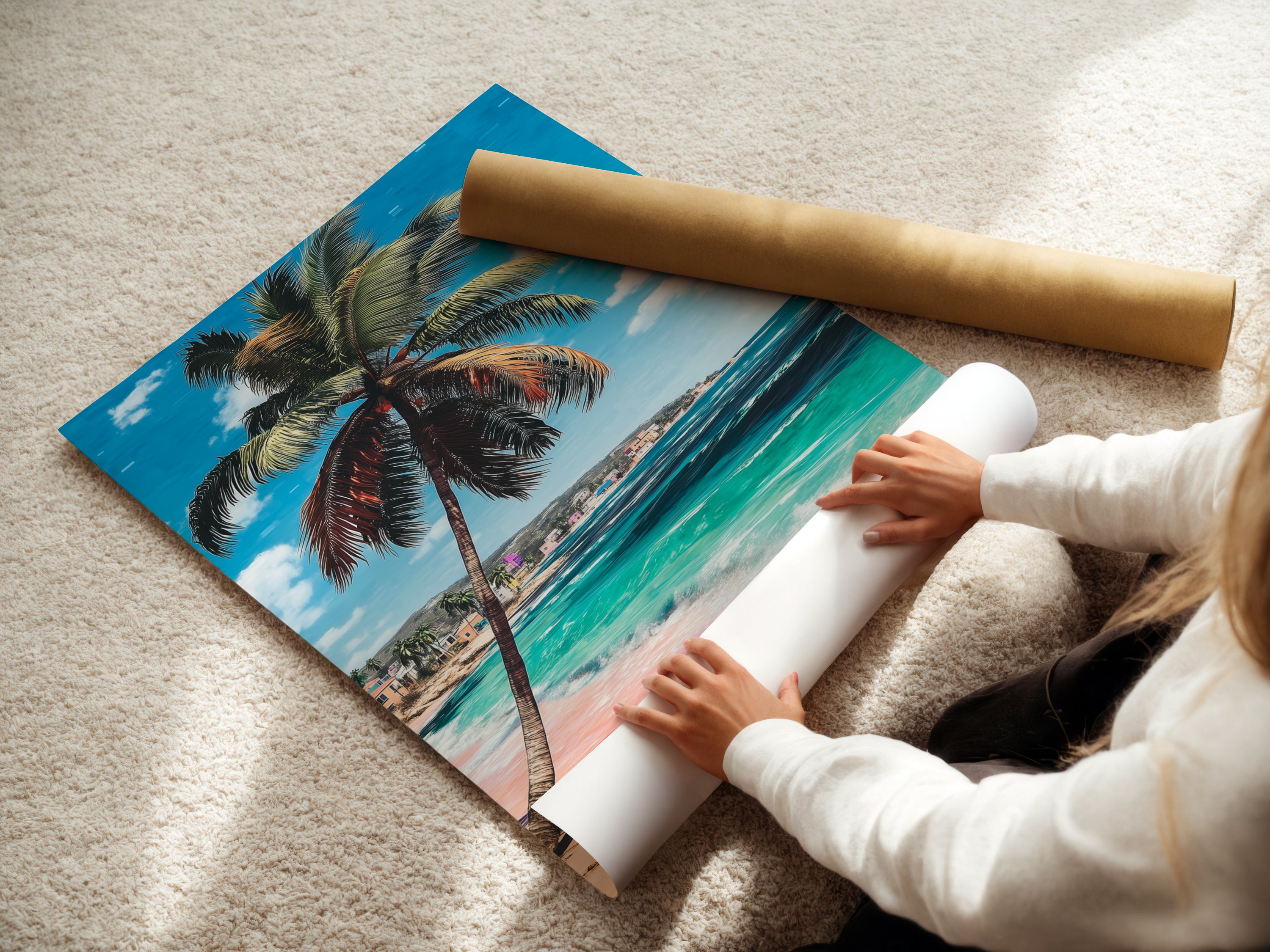 A woman is carefully rolling a fine art poster paper print. The tropical beach artwork features a palm tree pink sand and turquoise ocean. Perfect for homeowners and renters seeking elevated coastal wall art.