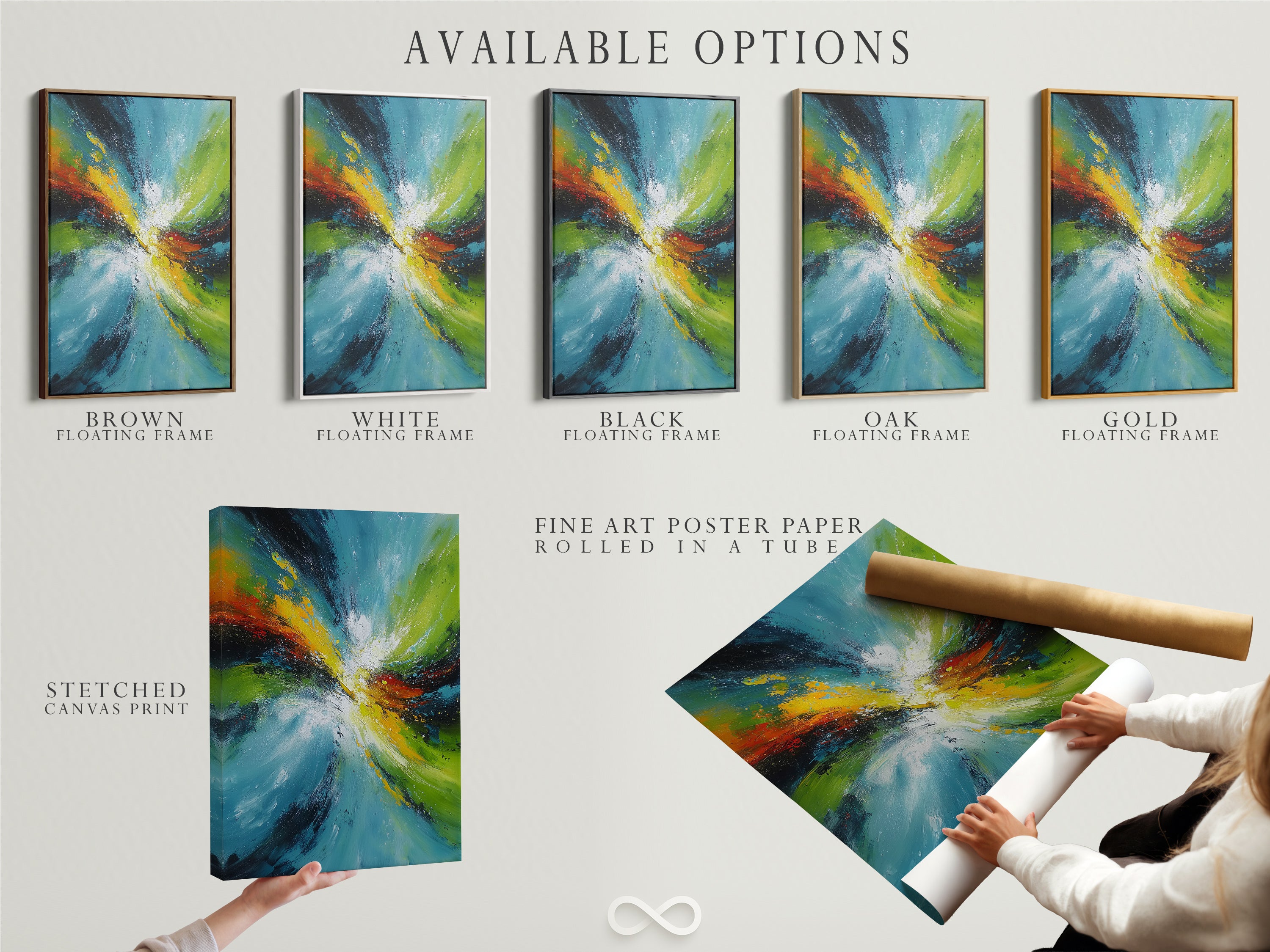 Explore available options for abstract swirl artworks including stretched canvas prints fine art poster paper and floating frames. Customize your artwork to perfectly match your style and space. Create a unique and dynamic look with these versatile presentation options.