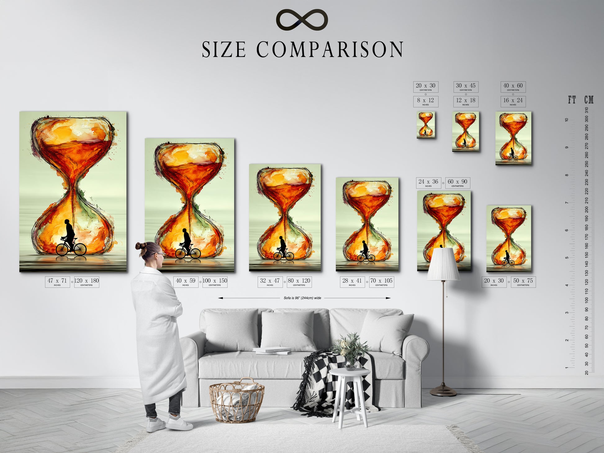 A size comparison chart is set in an interior. It shows the 'Hourglass' artwork in various dimensions. Visualize how this modern cyclist art will fit your space. The abstract sienna art adds a touch of sophistication. Perfect for wall art enthusiasts and cyclist gift seekers.