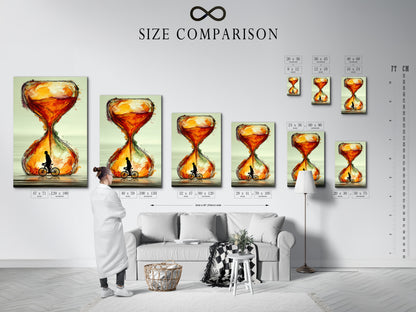 A size comparison chart is set in an interior. It shows the 'Hourglass' artwork in various dimensions. Visualize how this modern cyclist art will fit your space. The abstract sienna art adds a touch of sophistication. Perfect for wall art enthusiasts and cyclist gift seekers.