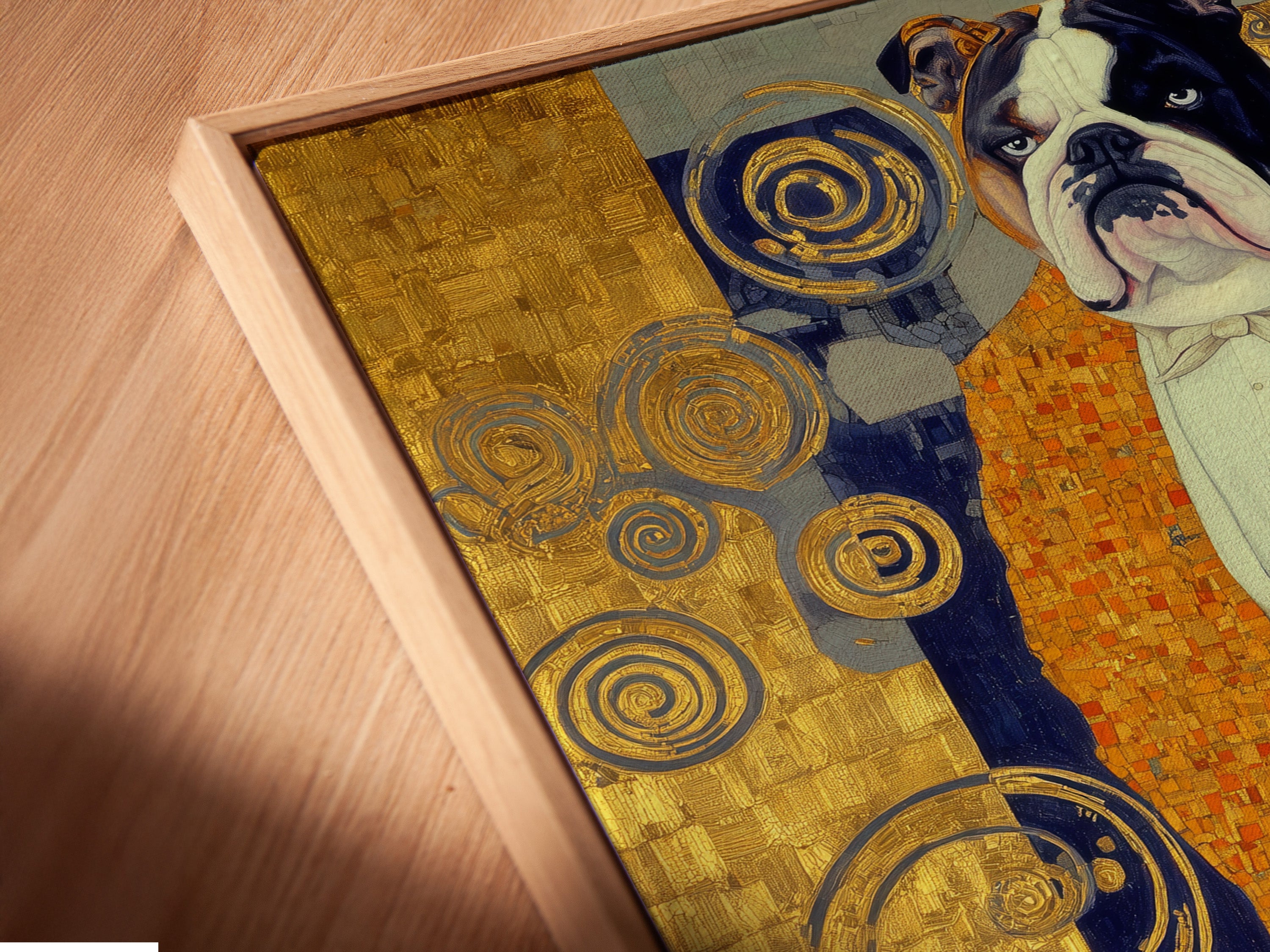 A close-up angled view captures the Klimt Style Bulldog canvas print. It is showcased in a floating frame. The gold ornate art and animal canvas art details are prominent. This decorative art piece brings a touch of vintage dog art. Its art nouveau print style is ideal for office wall decor.