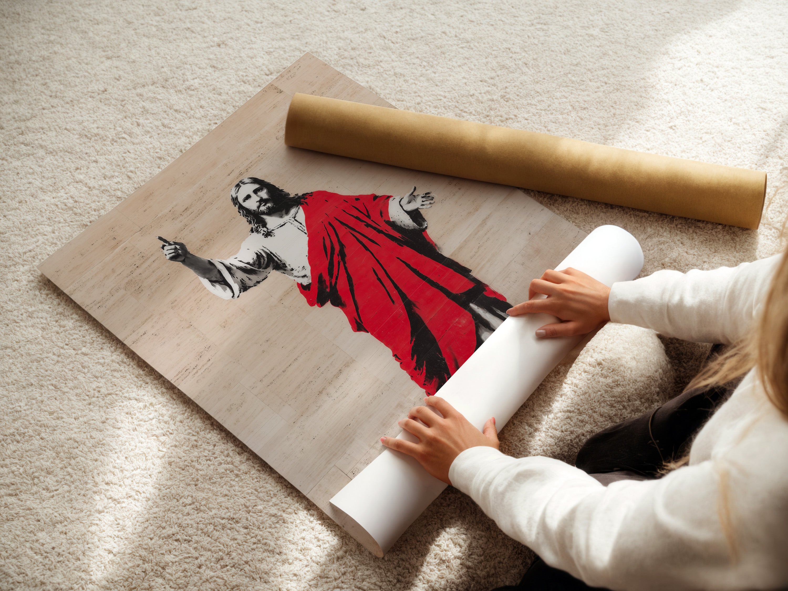 This picture shows a woman carefully rolling a fine art poster paper. The poster paper is handled with care. It ensures top-notch quality. Our fine art poster papers are designed for exceptional print clarity. They preserve vibrant colors. Experience the beauty of fine art posters.
