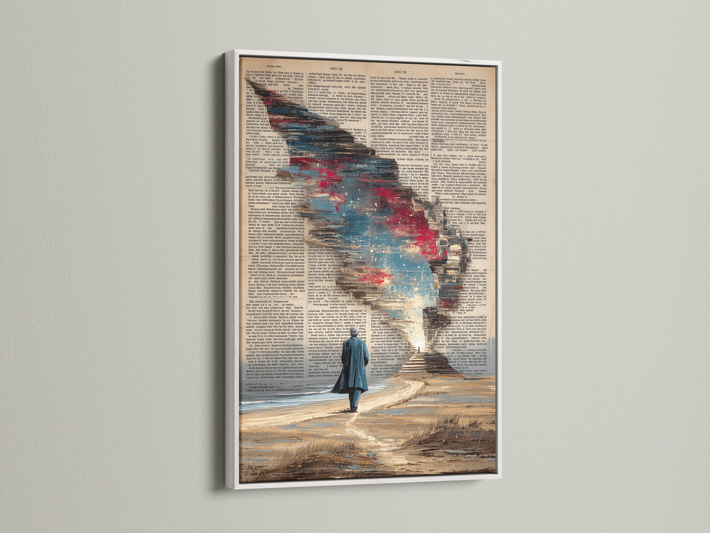 The surreal dictionary art print is showcased in a white frame. This piece brings cosmic sky wall art into your home. A vintage book page canvas print perfect for adding literary decor to your office. The white frame offers a clean look