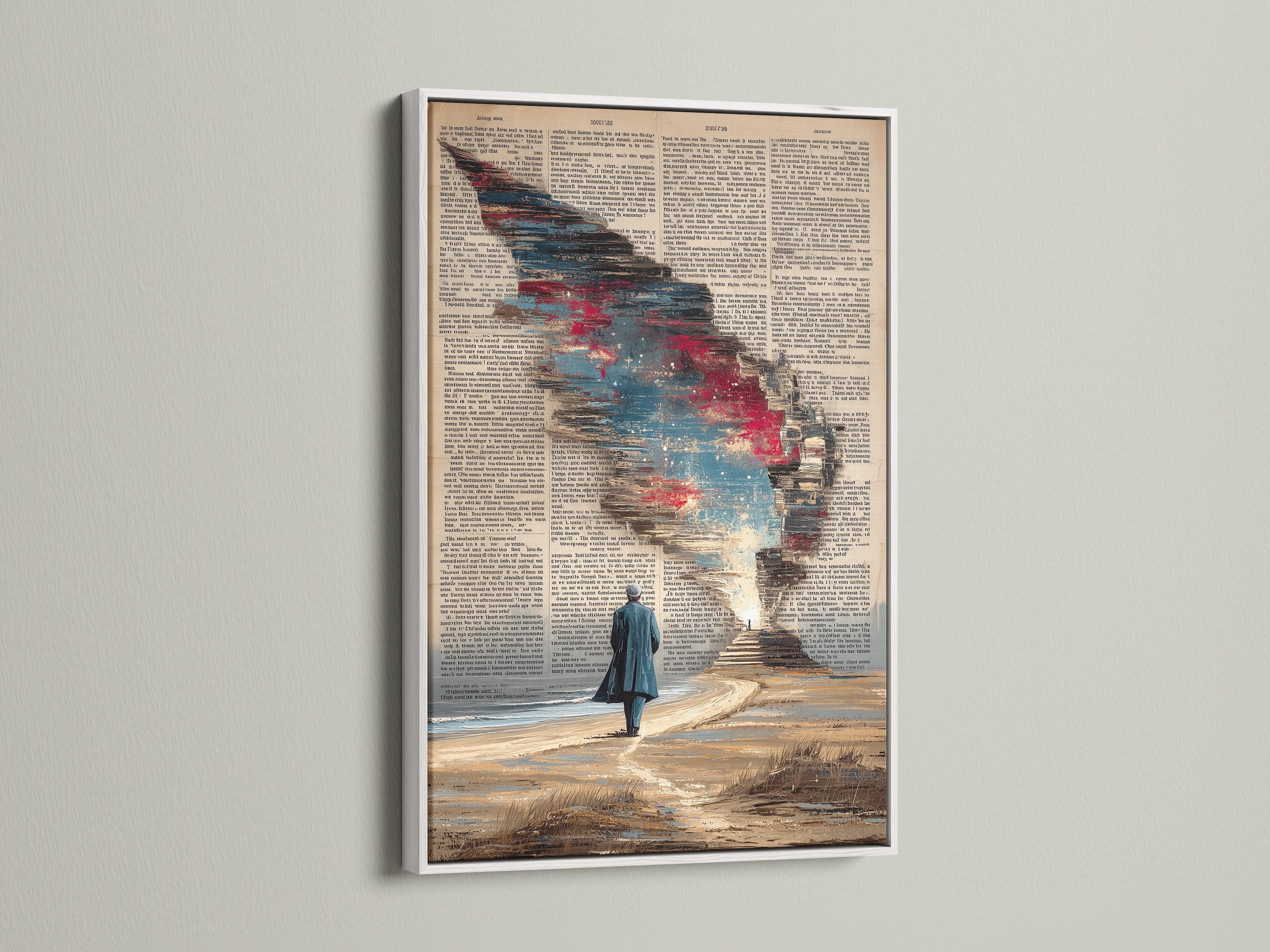The surreal dictionary art print is showcased in a white frame. This piece brings cosmic sky wall art into your home. A vintage book page canvas print perfect for adding literary decor to your office. The white frame offers a clean look