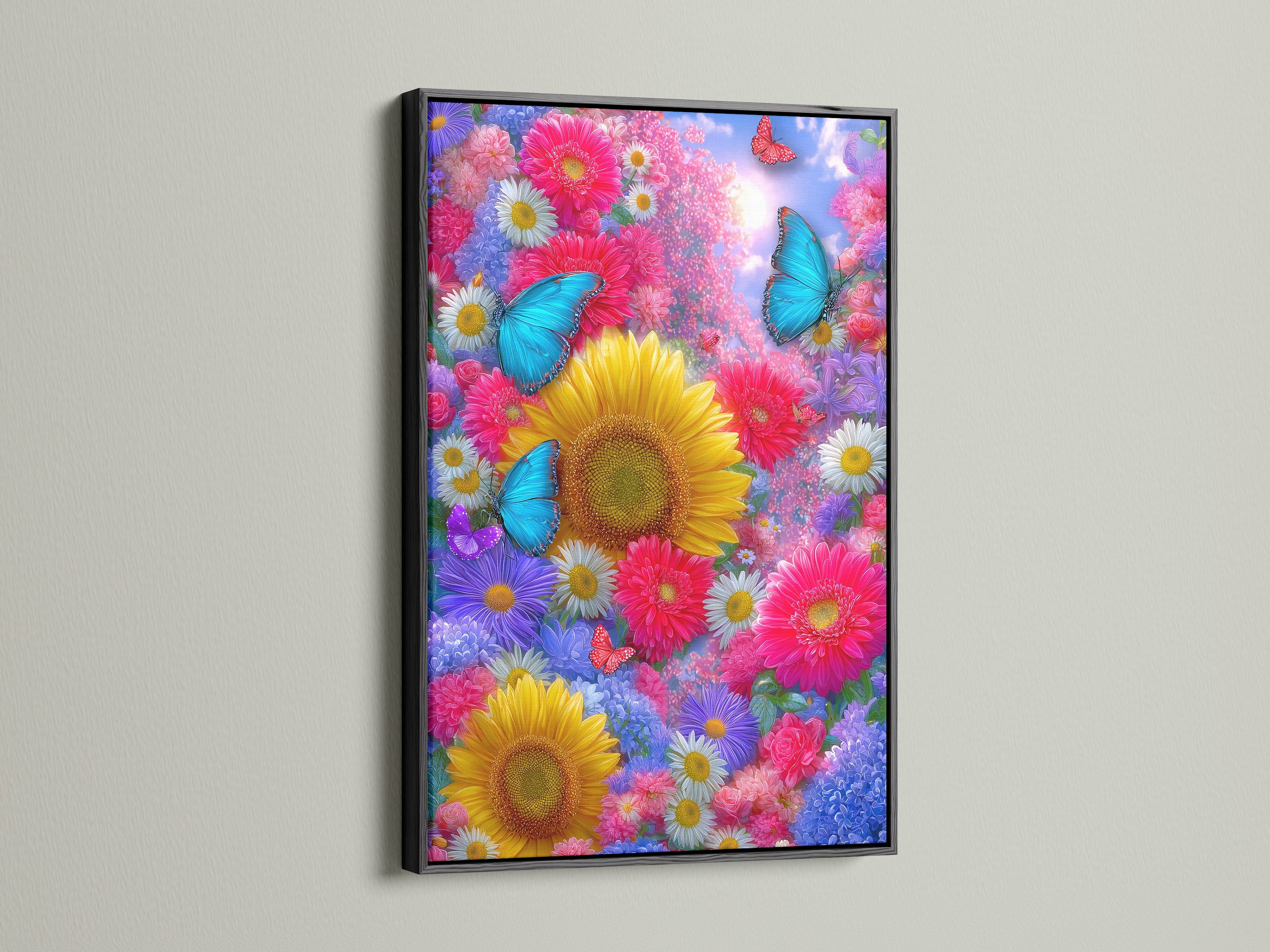 Butterfly flower garden artwork in a black frame. The artwork has sunflowers and colorful botanical elements. The black frame adds a modern touch. This nature canvas art is ideal for eclectic styles. It can also complement modern interiors making a bold statement.