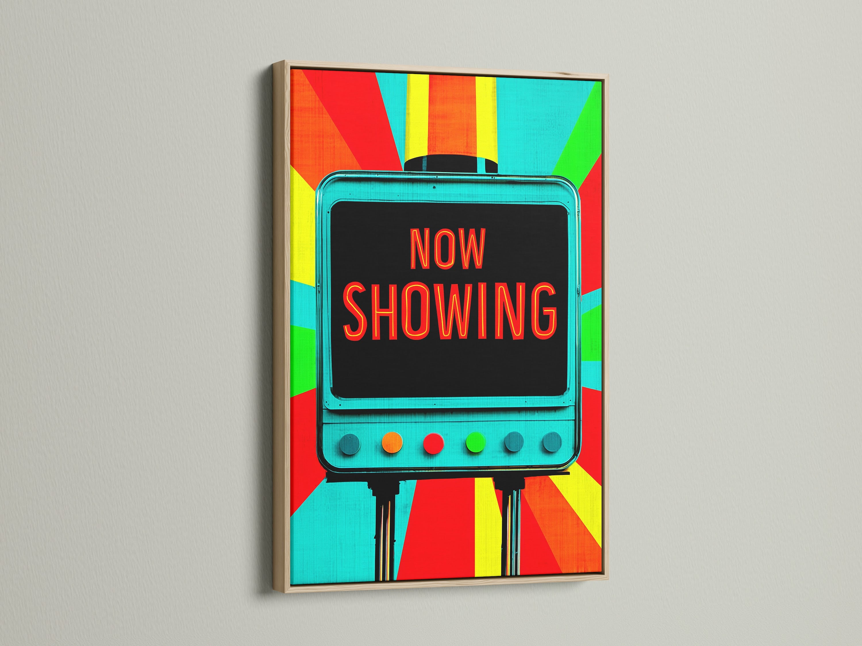 An oak frame displaying a colorful 'Now Showing' retro movie theater art print. This oak frame enhances the vintage aesthetic. Add a touch of retro charm to your space with this framed artwork.