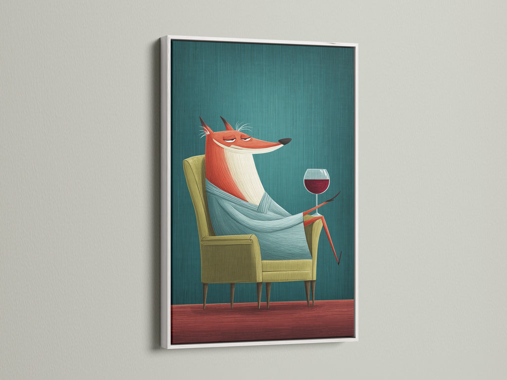 A white frame enhances a modern animal art piece. The fox illustration has a playful feel. This whimsical art brightens a home office. It's a stylish addition to minimalist decor.