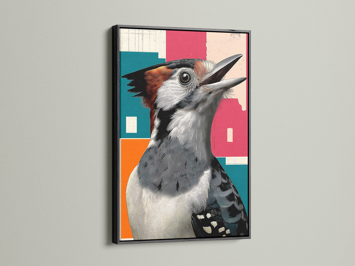 Black frame showcasing a retro Woodpecker bird artwork. Geometric style gives study room and office a touch of nature. Bird canvas art is perfect for birdwatching gift. Colorful wall art for avian art print and bird lover gift. Perfect for home offices libraries.