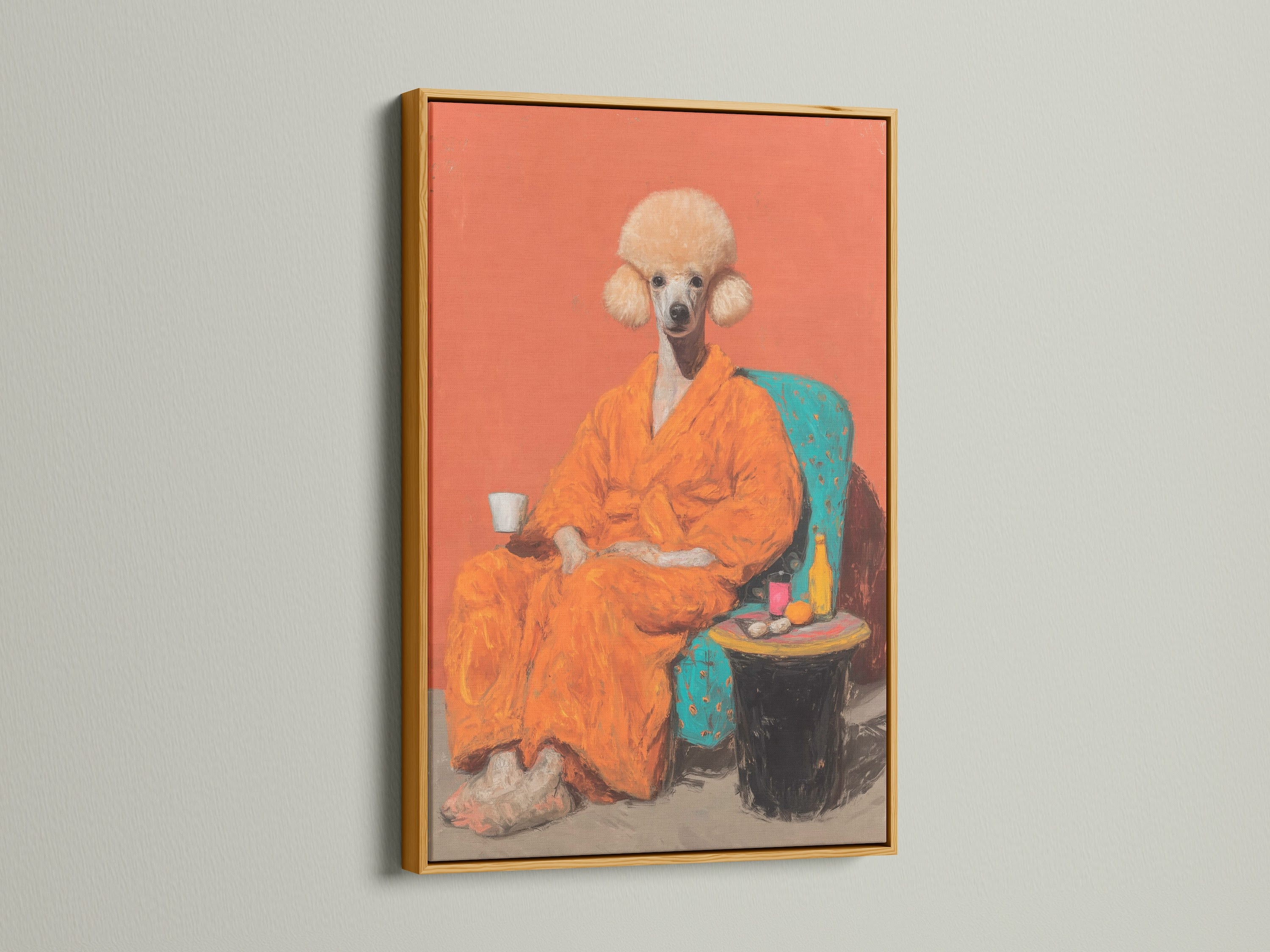 Poodle Portrait Canvas Print in a gold frame. This animal portrait art is quirky and fun. It is surreal dog art that adds color to your walls. Great as living room art bedroom decor or in a pet grooming salon.