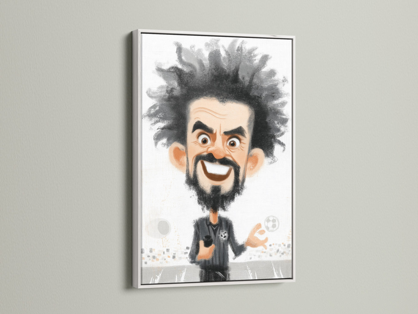 A framed soccer coach caricature art print is displayed in a white frame. This sports artwork is a great cartoon canvas print for a sports fan. Looking for a unique gift for him or any soccer coach?