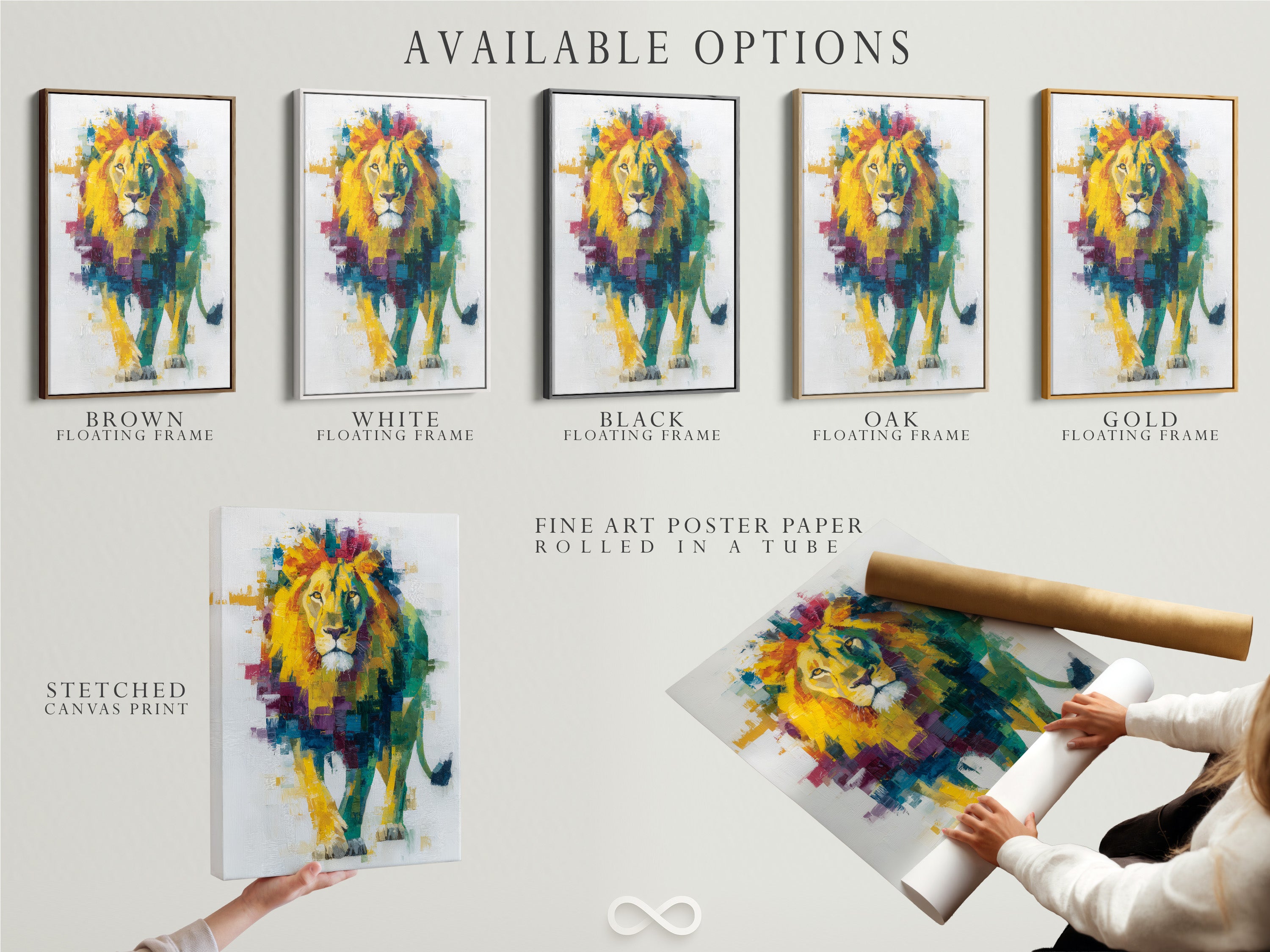 Explore available options for our colorful lion artwork. Choose between stretched canvas prints fine art poster paper and floating frames. Customize your artwork to match your personal style. Add a vibrant touch to your living room bedroom or office with our unique art.