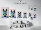 Size comparison chart in an interior setting. The geometric fox artwork is shown in various sizes to help visualize the perfect fit for your space. This modern animal art enhances any room.
