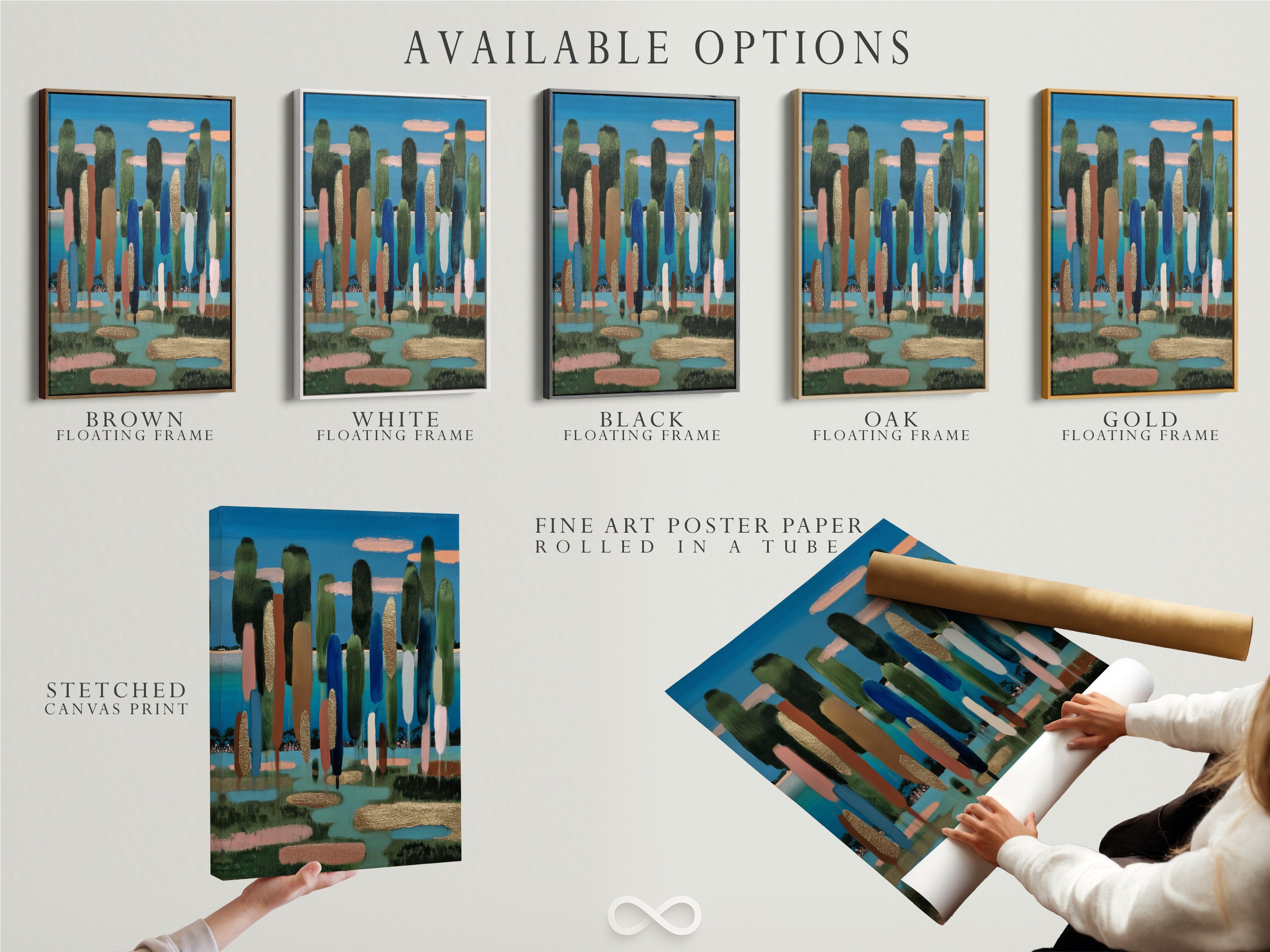 Available options are displayed including a stretched canvas print. Other options include fine art poster paper and a floating frame. Choose the perfect format. Customize your artwork to match your style. Explore the possibilities for your artwork.