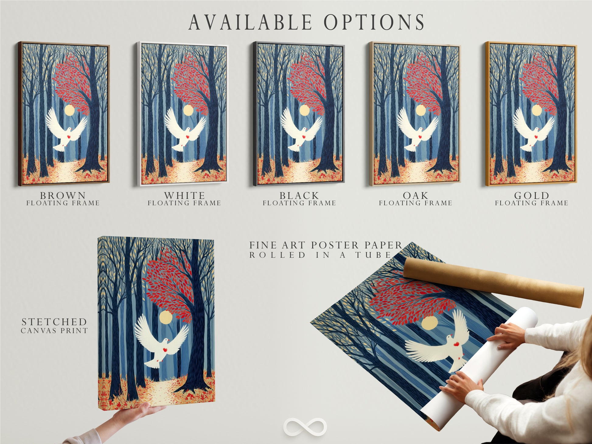 Available options for the Dove in Forest artwork. Choose from stretched canvas print fine art poster paper or floating frame. Customize your wall decor to fit your style. Enjoy this serene nature scene in your home or office today.
