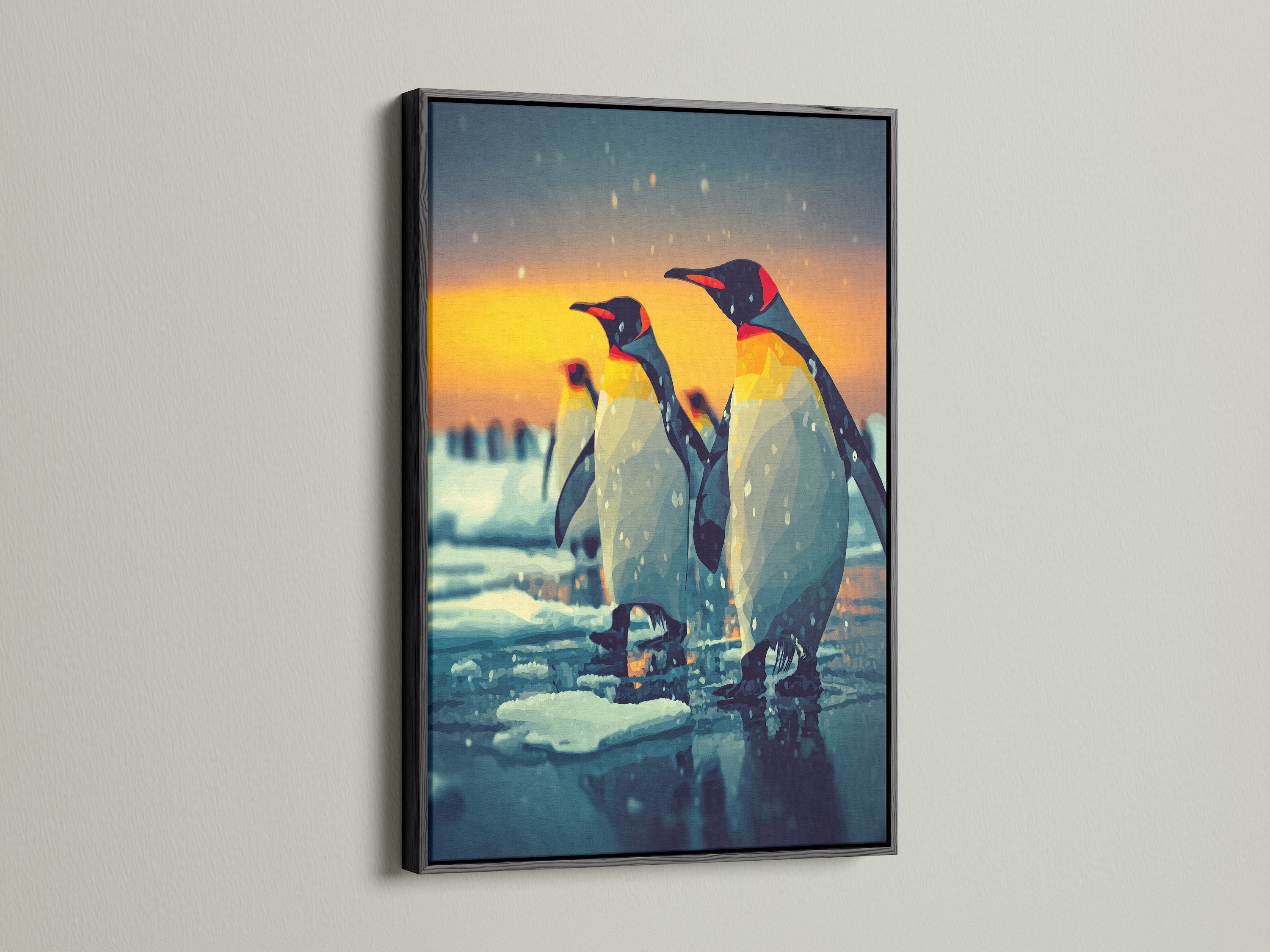 Antarctic art print displayed in a black frame. The black frame makes the colors pop. This penguin artwork adds sophistication to any room. Ideal for modern arctic wall decor.