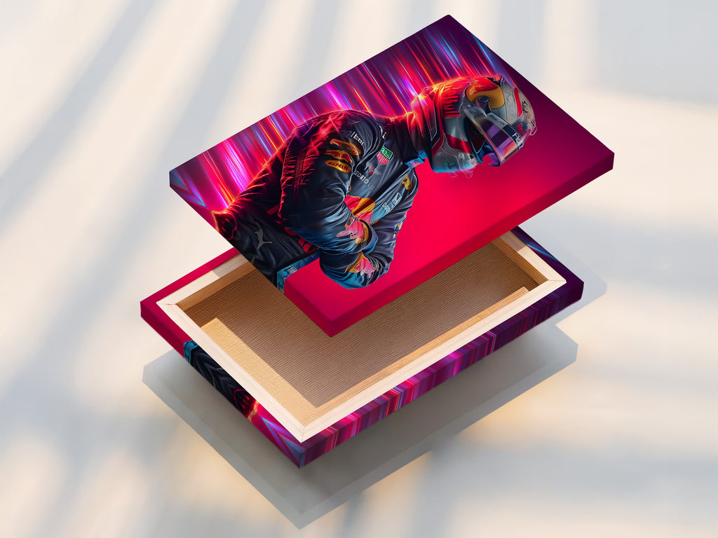 A stretched canvas print of Formula Racing artwork. This modern automotive wall art is ready to hang. Enhance your man cave decor with this neon speed poster. Perfect for racing fans and collectors.