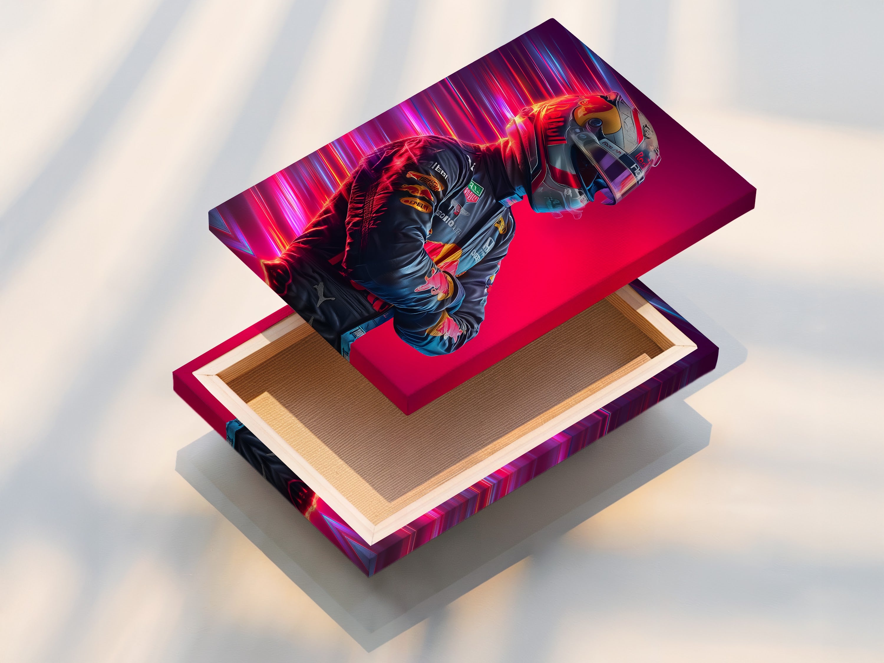 A stretched canvas print of Formula Racing artwork.  Features a dynamic neon driver portrait. This modern sports art piece is ready to hang. It will transform any room with its vibrant and contemporary style. Perfect for man caves and sports bars.