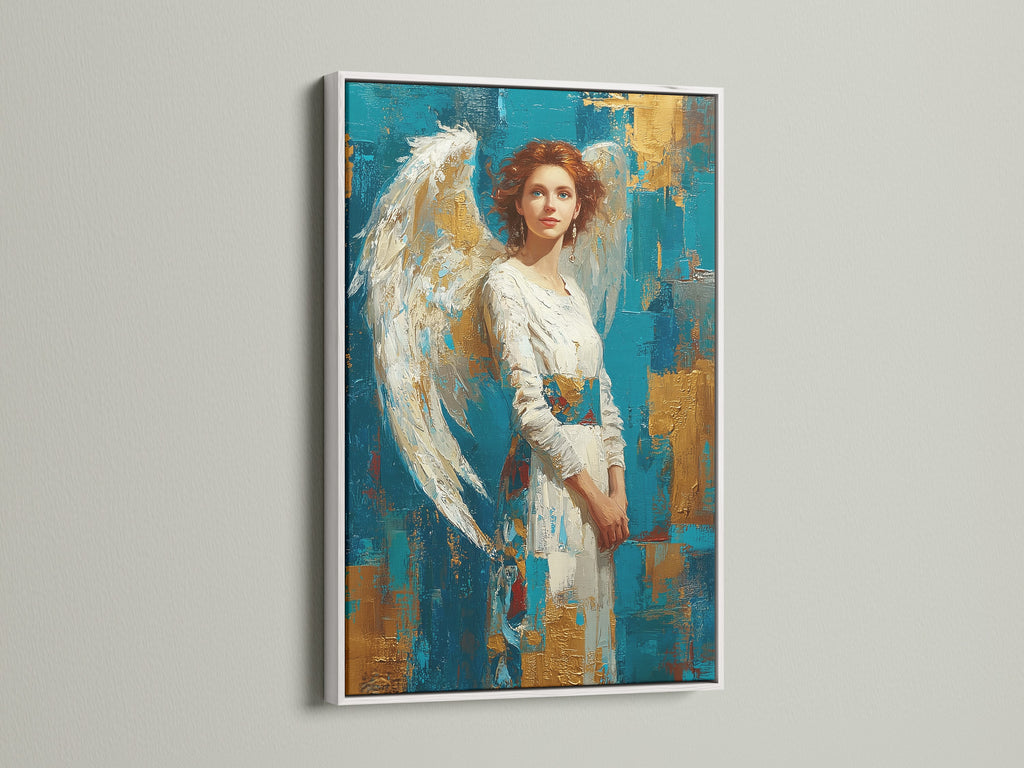 An artwork featuring a woman with angel wings is showcased in a white frame against a simple wall. The white frame offers a clean and modern look. Browse our selection of white frames for your art. They provide a fresh and stylish display option.