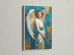 An artwork featuring a woman with angel wings is showcased in a white frame against a simple wall. The white frame offers a clean and modern look. Browse our selection of white frames for your art. They provide a fresh and stylish display option.