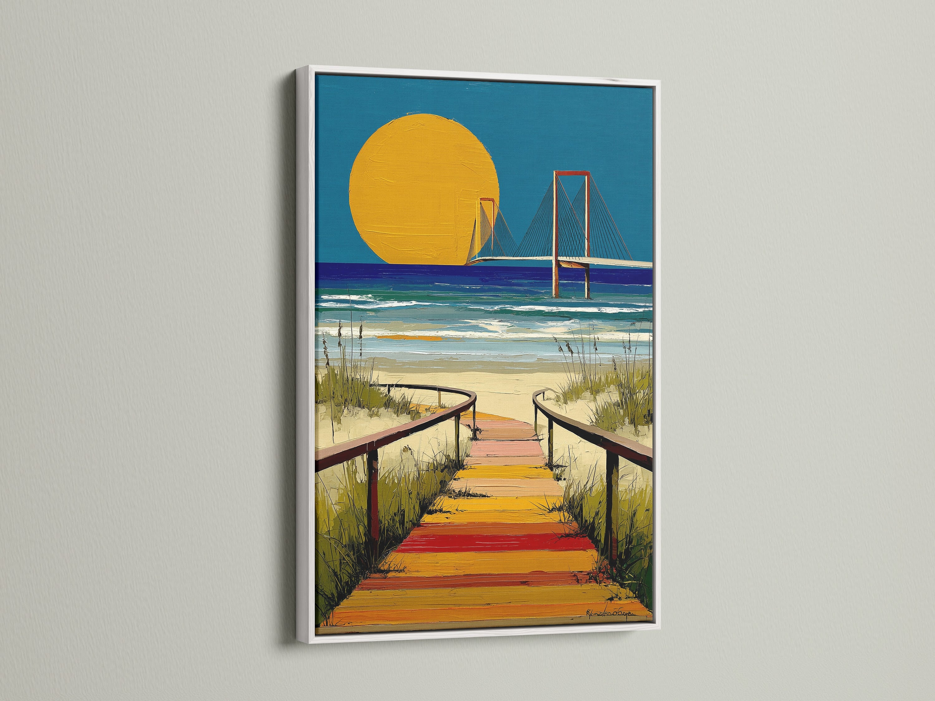 This coastal canvas art is showcased in a white frame. The ocean bridge landscape creates a serene ambiance. This piece elevates beach house decor. Explore the beauty of this framed sunset artwork.