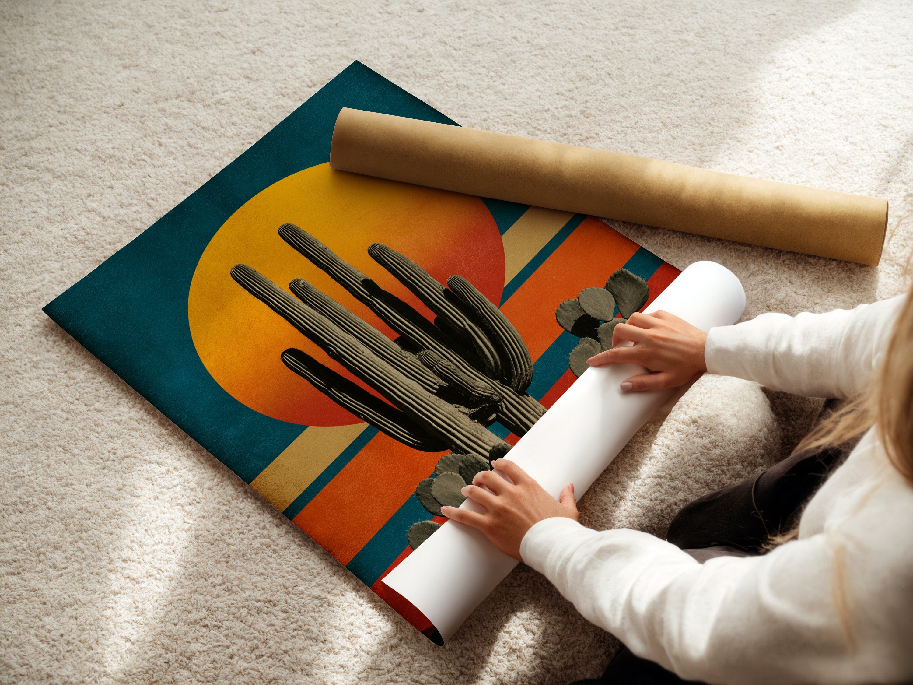A woman rolls a fine art poster paper. It showcases the care and attention to detail. The high-quality materials ensure a stunning print. The desert cactus artwork is perfect for any art lover. Experience the beauty of fine art.