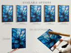 Available options are displayed: stretched canvas print fine art poster paper and floating frame. This shows the versatility of the blue flower artwork. Customers can choose the perfect format for their style. These options cater to various tastes and interior decor needs. Find the perfect style for you.