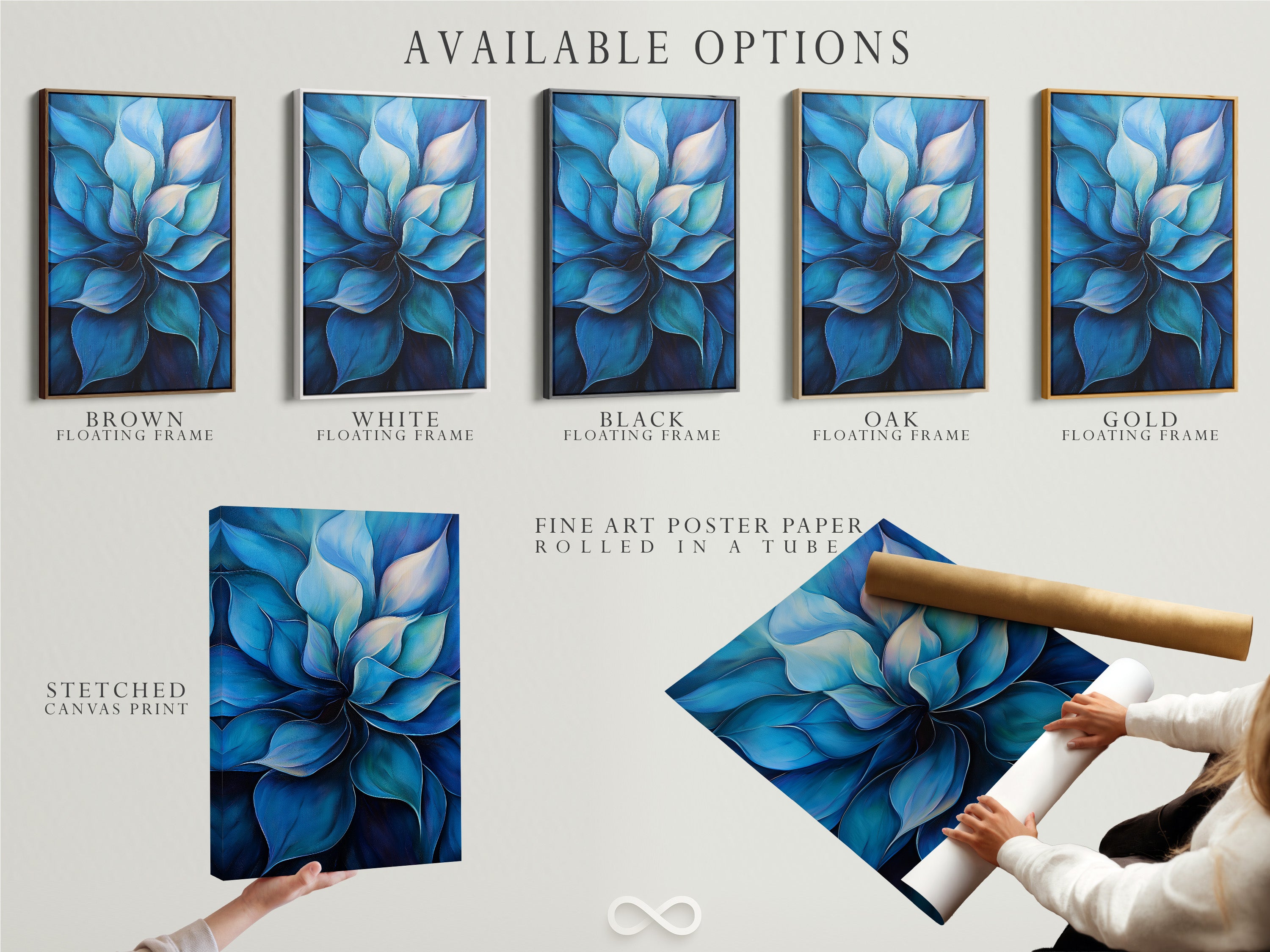 Available options are displayed: stretched canvas print fine art poster paper and floating frame. This shows the versatility of the blue flower artwork. Customers can choose the perfect format for their style. These options cater to various tastes and interior decor needs. Find the perfect style for you.