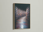 An oak frame presents a stunning library bookshelf art print. This academia artwork enhances any room. Ideal for study wall decor. It brings a touch of intellectual style. Perfect as a book lover gift. Add sophistication to your living space with this fine art piece.
