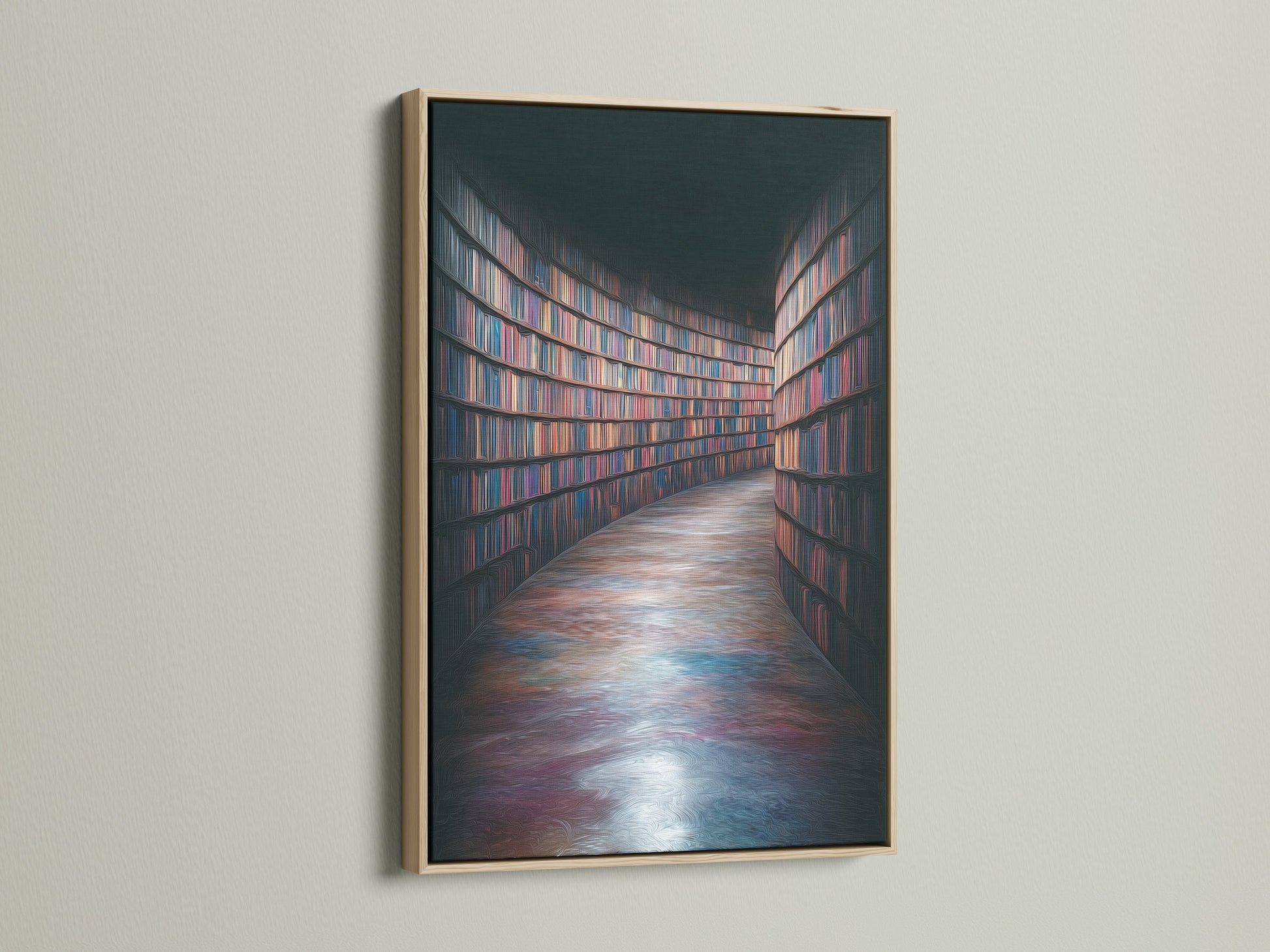 An oak frame presents a stunning library bookshelf art print. This academia artwork enhances any room. Ideal for study wall decor. It brings a touch of intellectual style. Perfect as a book lover gift. Add sophistication to your living space with this fine art piece.
