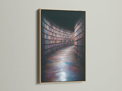 An oak frame presents a stunning library bookshelf art print. This academia artwork enhances any room. Ideal for study wall decor. It brings a touch of intellectual style. Perfect as a book lover gift. Add sophistication to your living space with this fine art piece.
