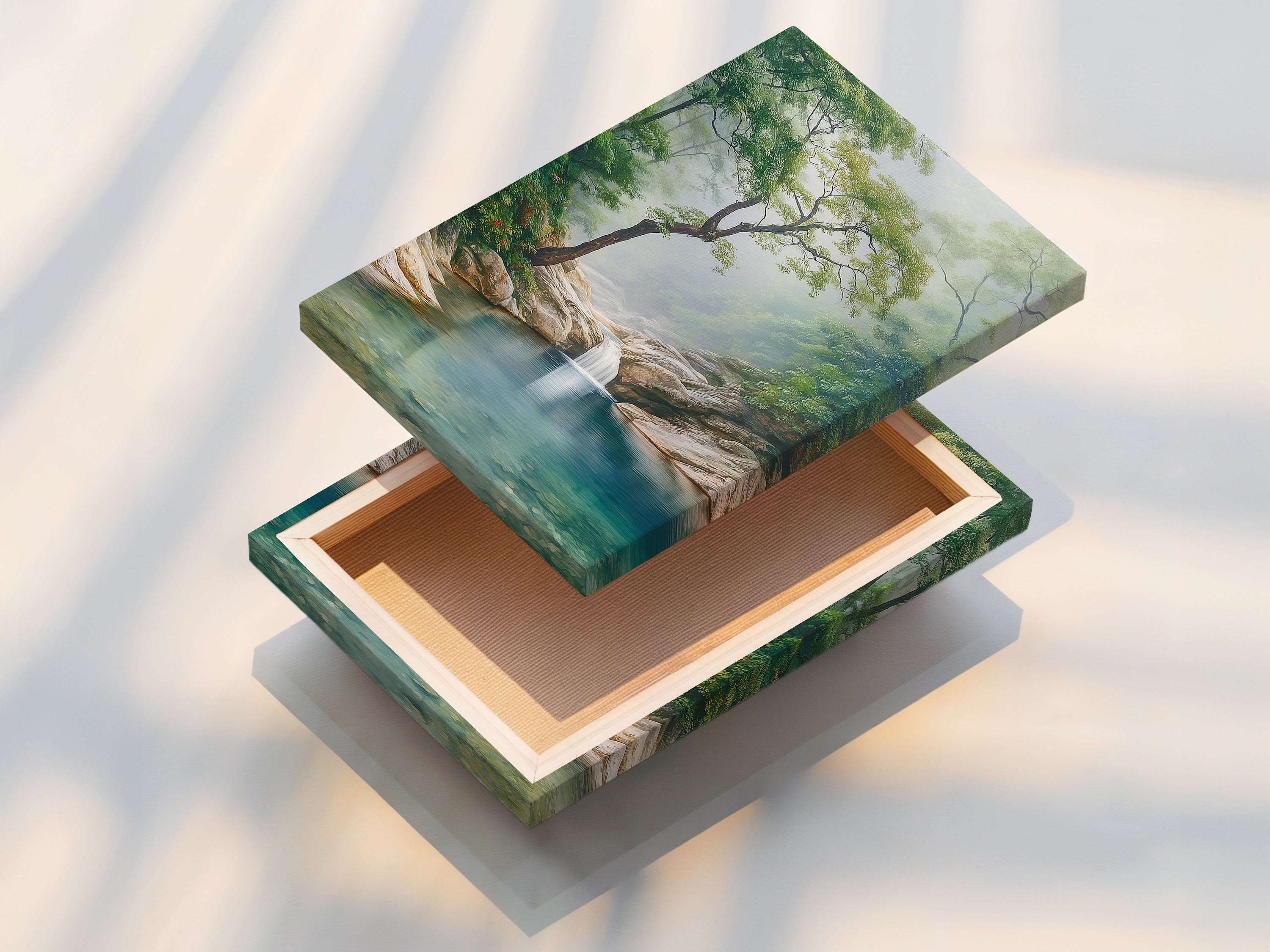 A stretched canvas print of a misty forest and waterfall scene. This artwork is ready to hang and enjoy. The canvas print offers a gallery-quality look. Perfect for adding a touch of nature to your home. Ideal for living rooms and bedrooms.