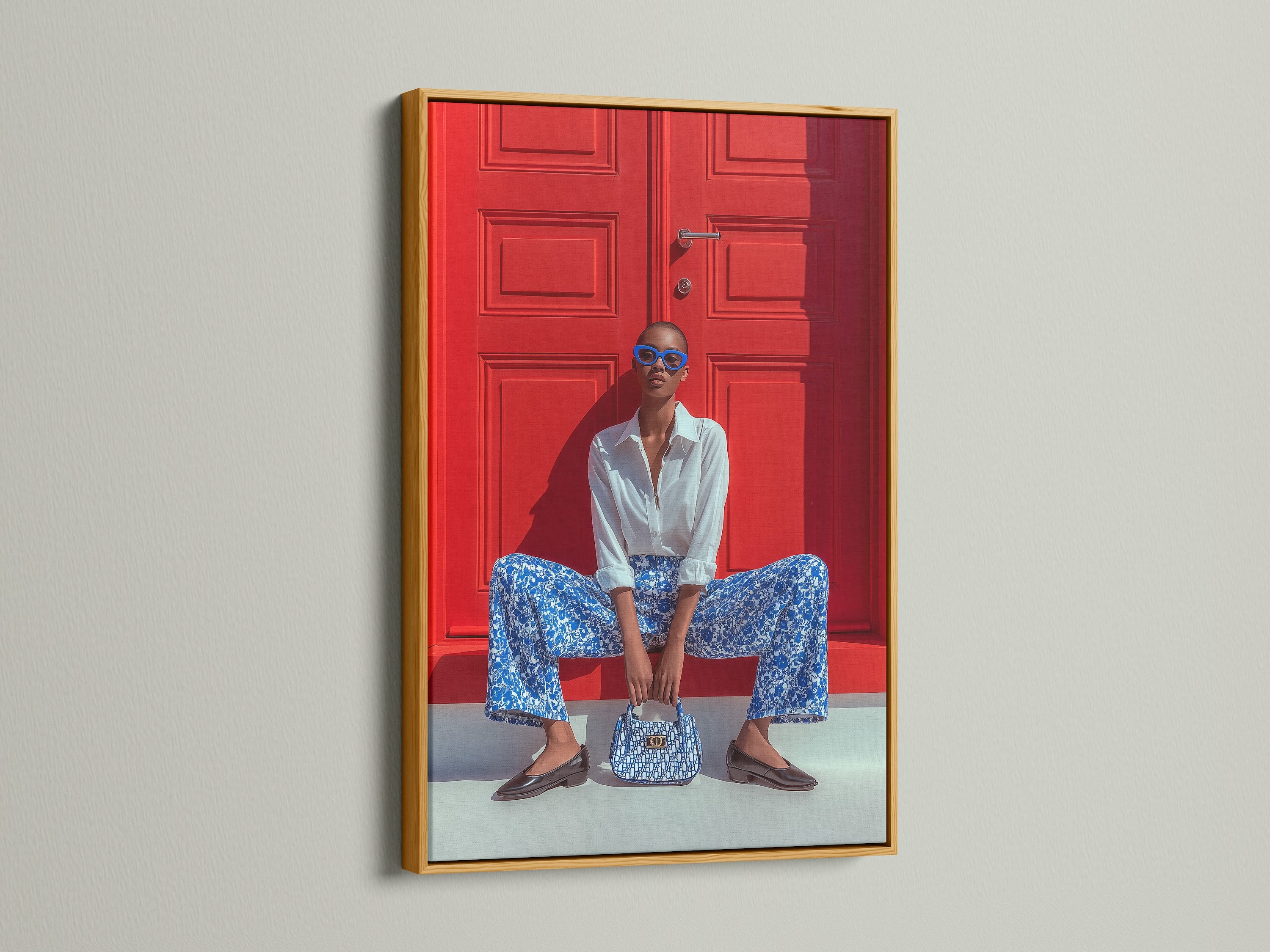 Fashion Photography Print - Blue Pattern Outfit Red Door Portrait, Modern Wall Art, Contemporary Home Decor, Style Statement