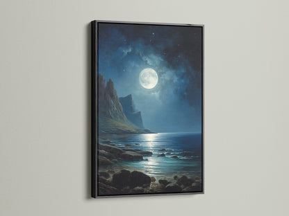 The featured artwork is a moonlit ocean scene set in a sleek black frame. The dark frame enhances the dramatic feel of the night time landscape. This framed artwork adds a touch of sophistication to any room. It's a timeless choice for modern and classic interiors.