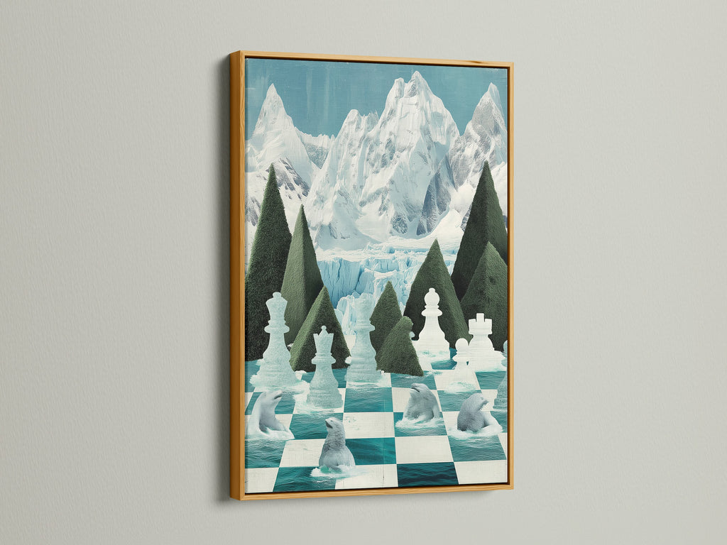 Elevate your space with the Chess Arctic Canvas Print in a gold frame. The gold frame adds a touch of luxury to the polar bear wall art. The teal chessboard artwork shines with this elegant frame. Perfect for adding a sophisticated touch to your home art collection.