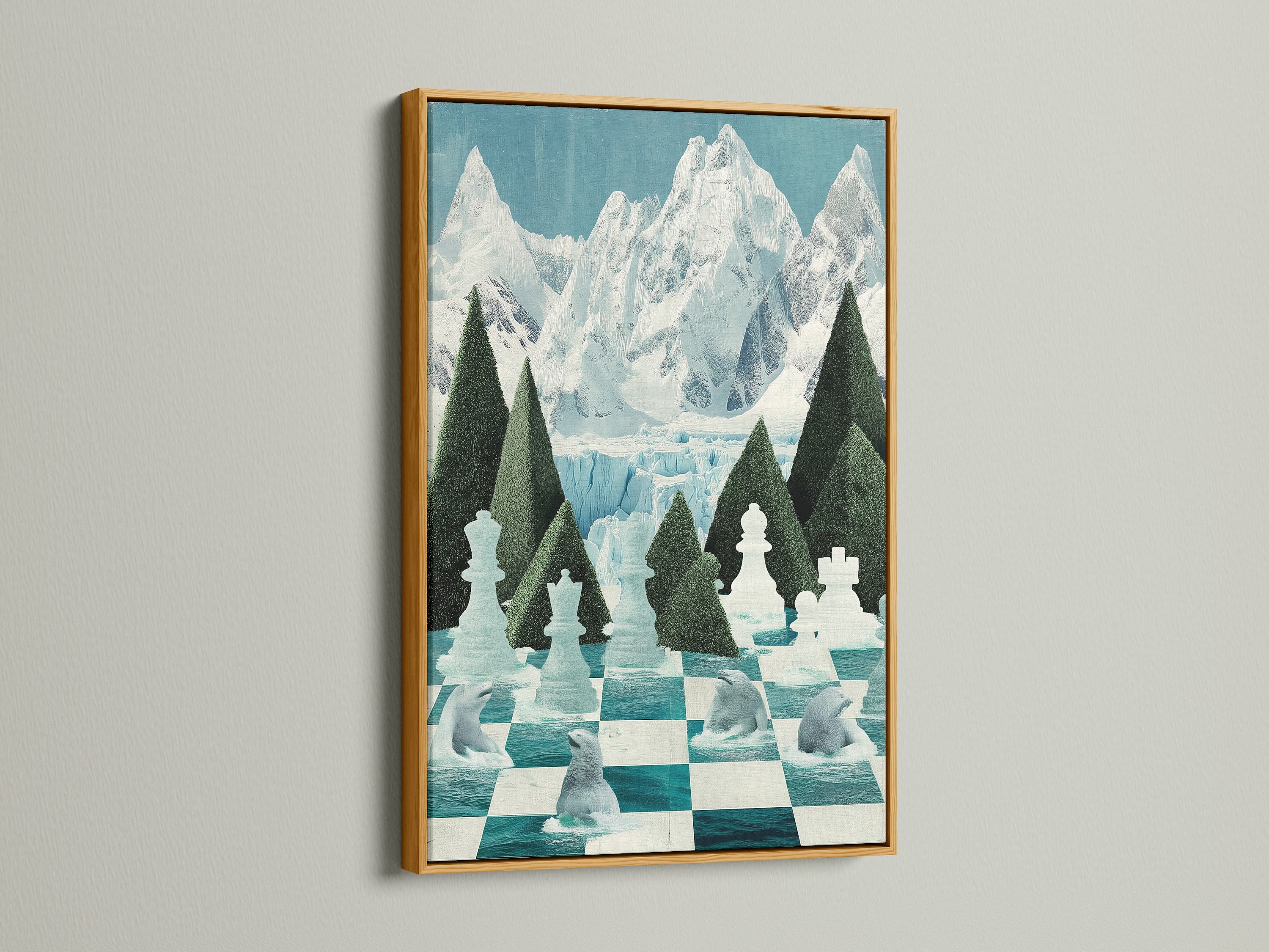 Elevate your space with the Chess Arctic Canvas Print in a gold frame. The gold frame adds a touch of luxury to the polar bear wall art. The teal chessboard artwork shines with this elegant frame. Perfect for adding a sophisticated touch to your home art collection.