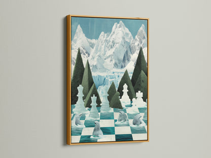 Elevate your space with the Chess Arctic Canvas Print in a gold frame. The gold frame adds a touch of luxury to the polar bear wall art. The teal chessboard artwork shines with this elegant frame. Perfect for adding a sophisticated touch to your home art collection.